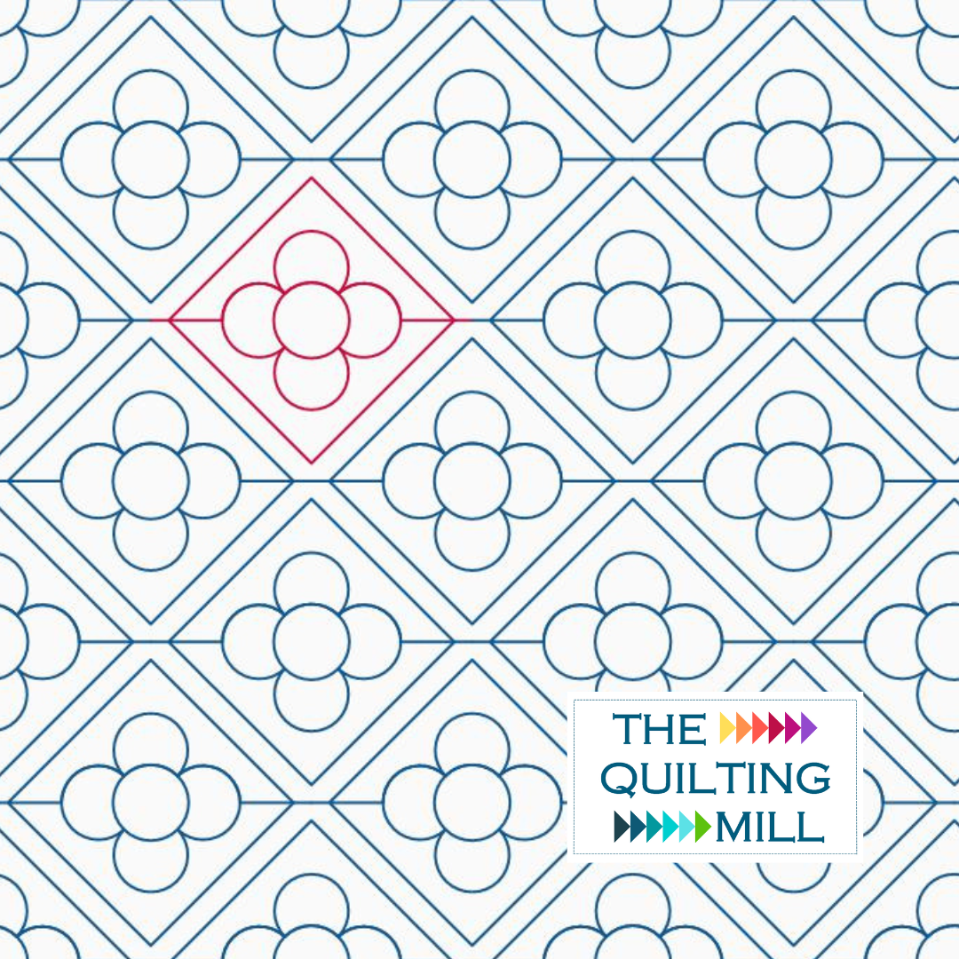 A repeating pattern of geometric quilt blocks with a flower motif in blue lines, featuring a pink outline around one of the blocks, and a logo in the bottom right corner that reads 'The Quilting Mill' with colorful arrow icons.