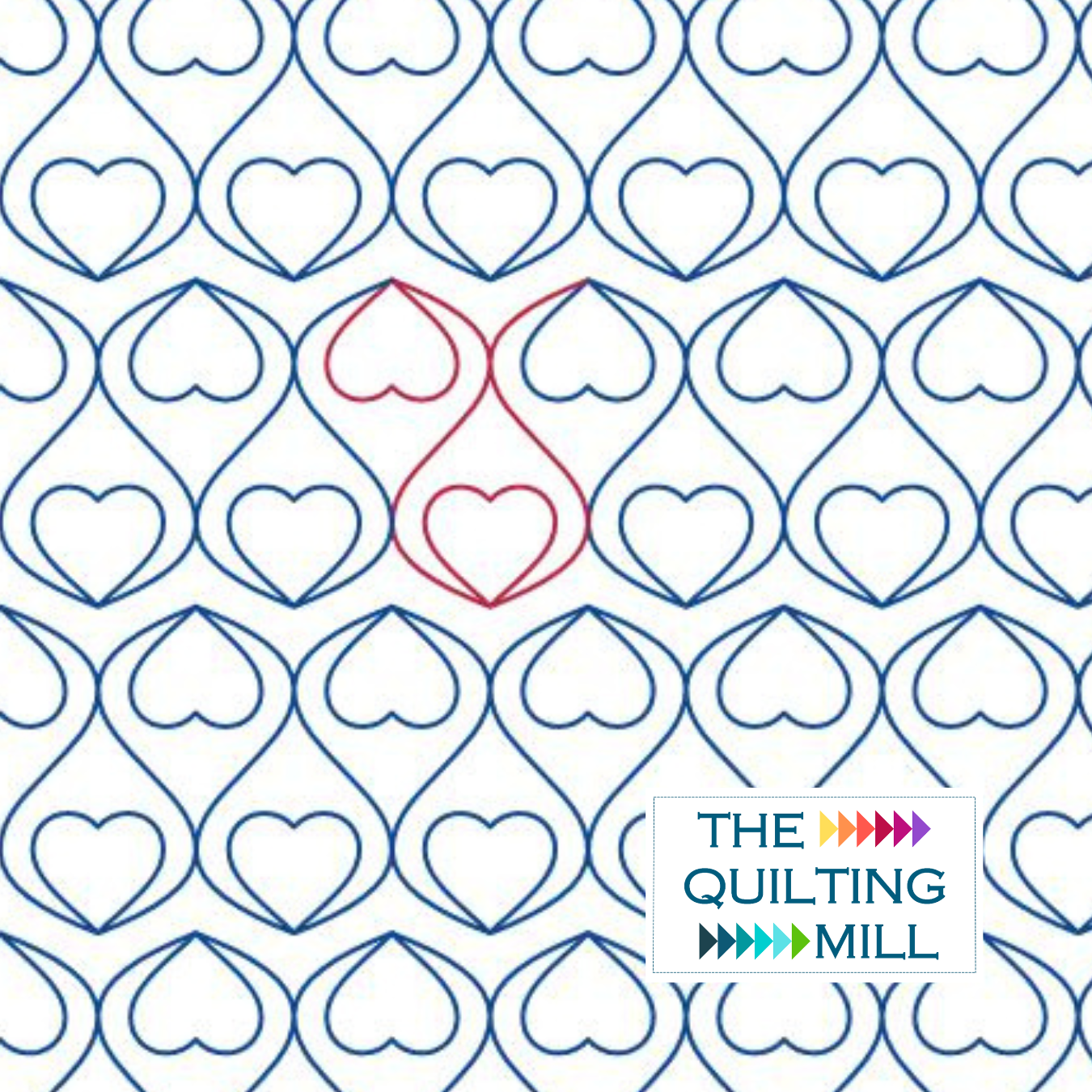 A repeating pattern of blue heart-shaped outlines with a red heart and abstract shape in the center. In the bottom right corner, there is a logo with the words "The Quilting Mill" and colorful arrow symbols.