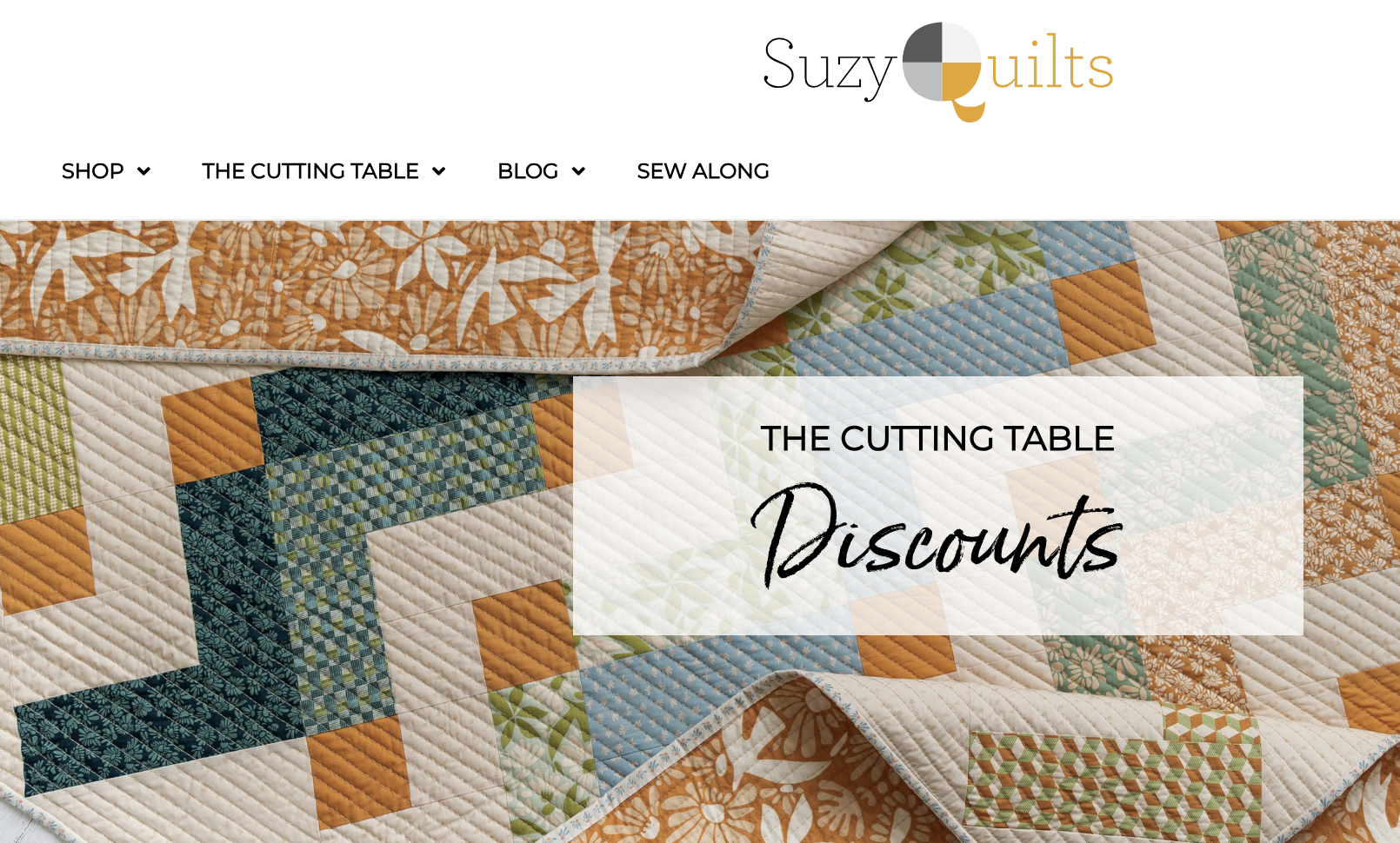 Close-up of a colorful patchwork quilt with orange, blue, green, and cream fabrics, advertising discounts on quilting supplies.