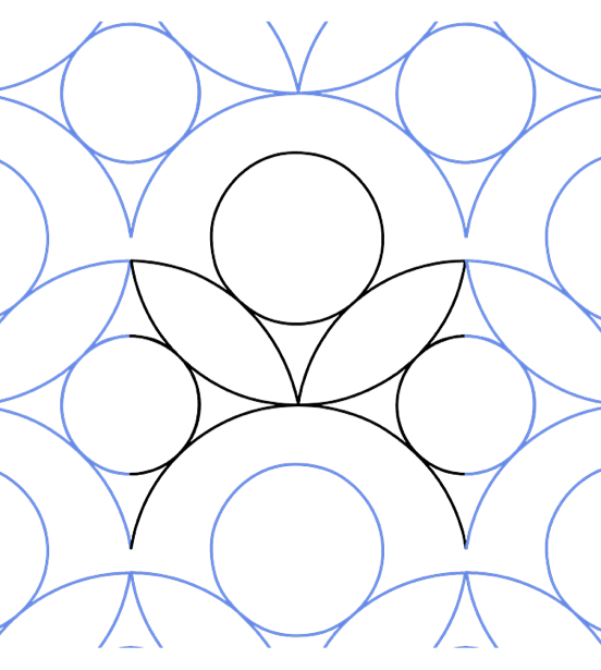 A geometric pattern of circles and curved lines, with some circles filled in black and others outlined, forming an abstract symmetrical design.
