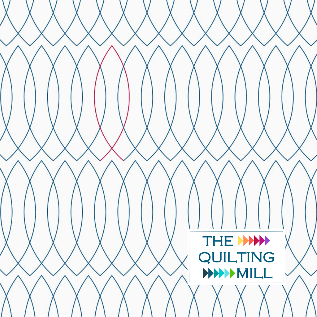 Pattern of intersecting blue and red lines creating diamond shapes with a logo in the bottom right corner reading 'The Quilting Mill' with colorful arrows.