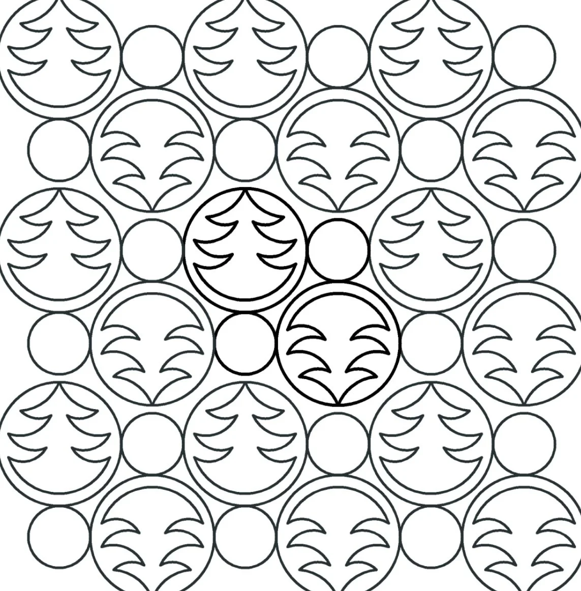 Outline of a pattern of Christmas ornaments with tree designs and empty circles.