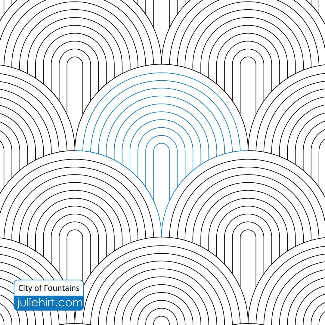 A black and white pattern of arches with one arch in the center outlined in blue.