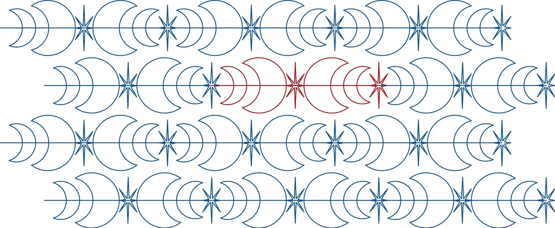 Pattern of crescent moons and stars in blue and red on a white background, forming a repeating geometric design.