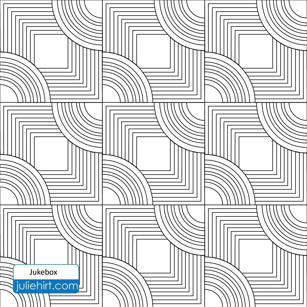 A black and white geometric pattern with squares and semi-circles, creating an optical illusion effect.