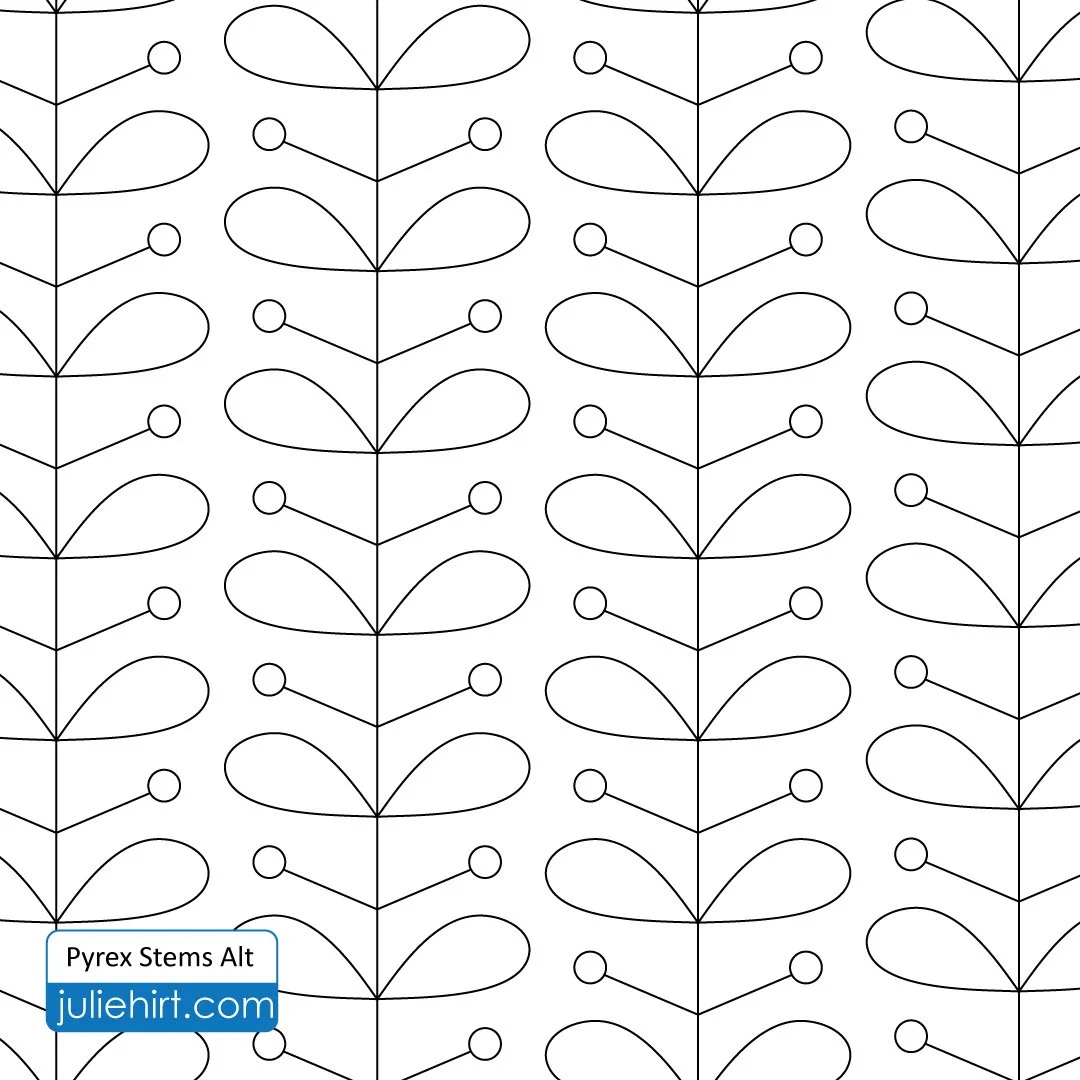 Black and white botanical pattern with stylized leaves and circular elements arranged in vertical lines.