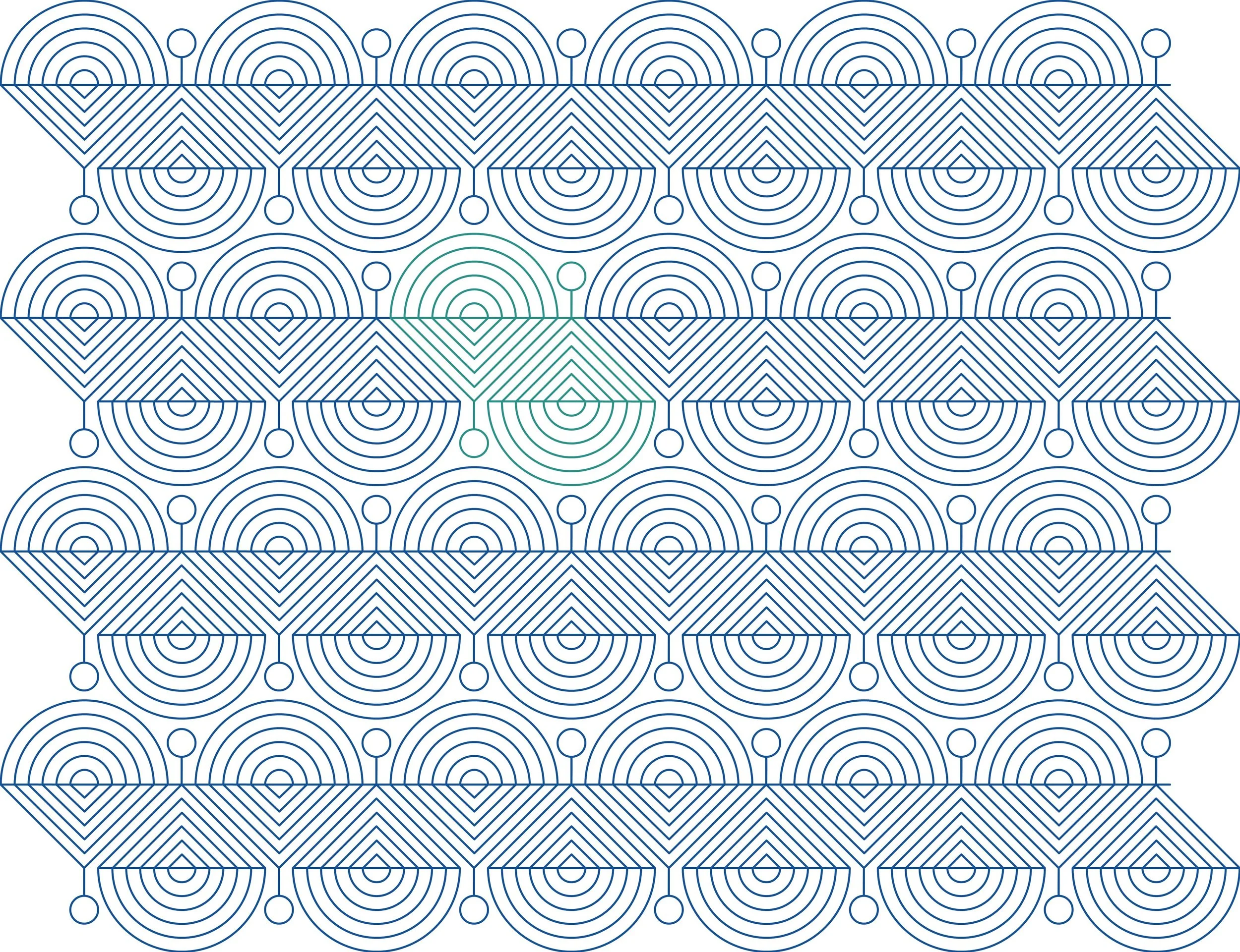 Geometric pattern with concentric circles, lines, and circles connected by curved lines in a repeating design.