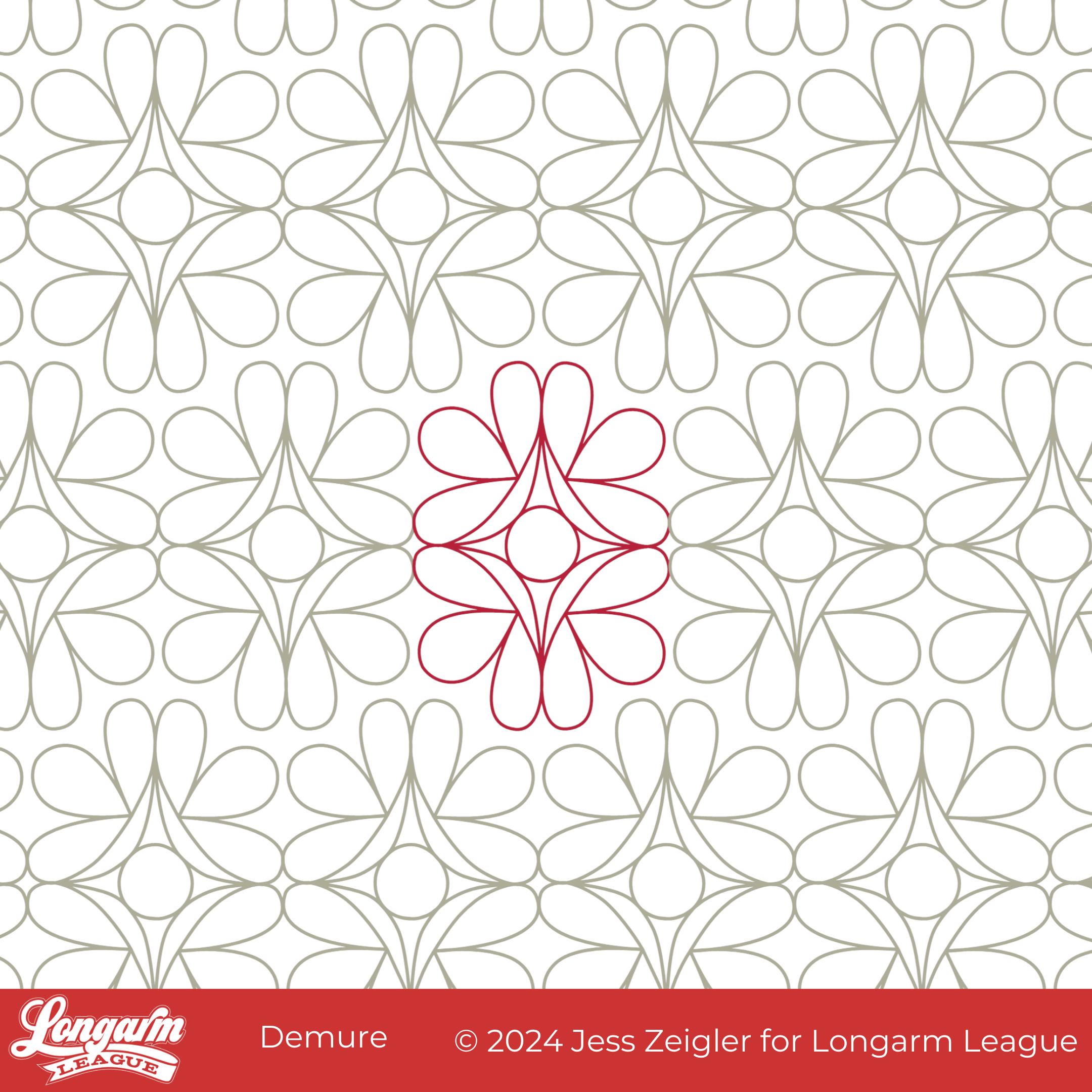 A repeating pattern of abstract flower shapes in gray and a red flower shape in the center.