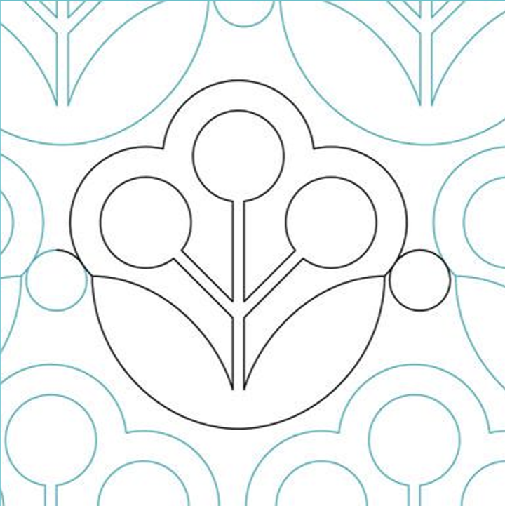 A white background with black lines featuring a stylized plant with three spherical flowers or buds on stalks, enclosed in a circular shape, with additional similar designs in the background.