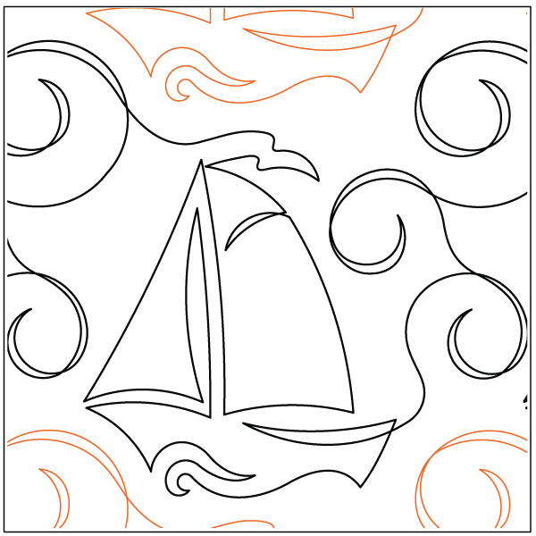 A line drawing of a sailboat on water with swirling waves and clouds, some lines in orange and black.