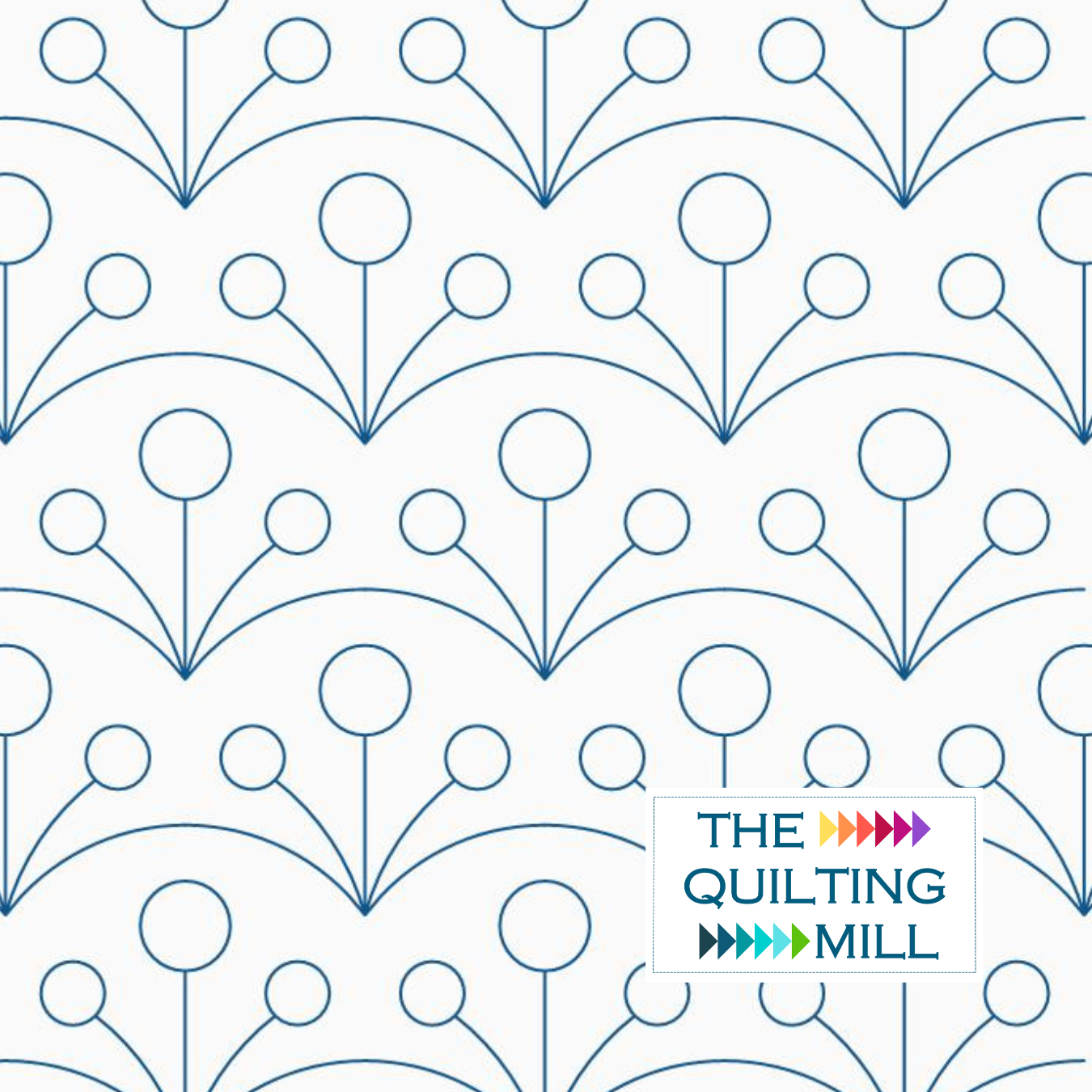 Blue abstract quilting pattern with circles and arcs, and a logo for The Quilting Mill in the bottom right corner.