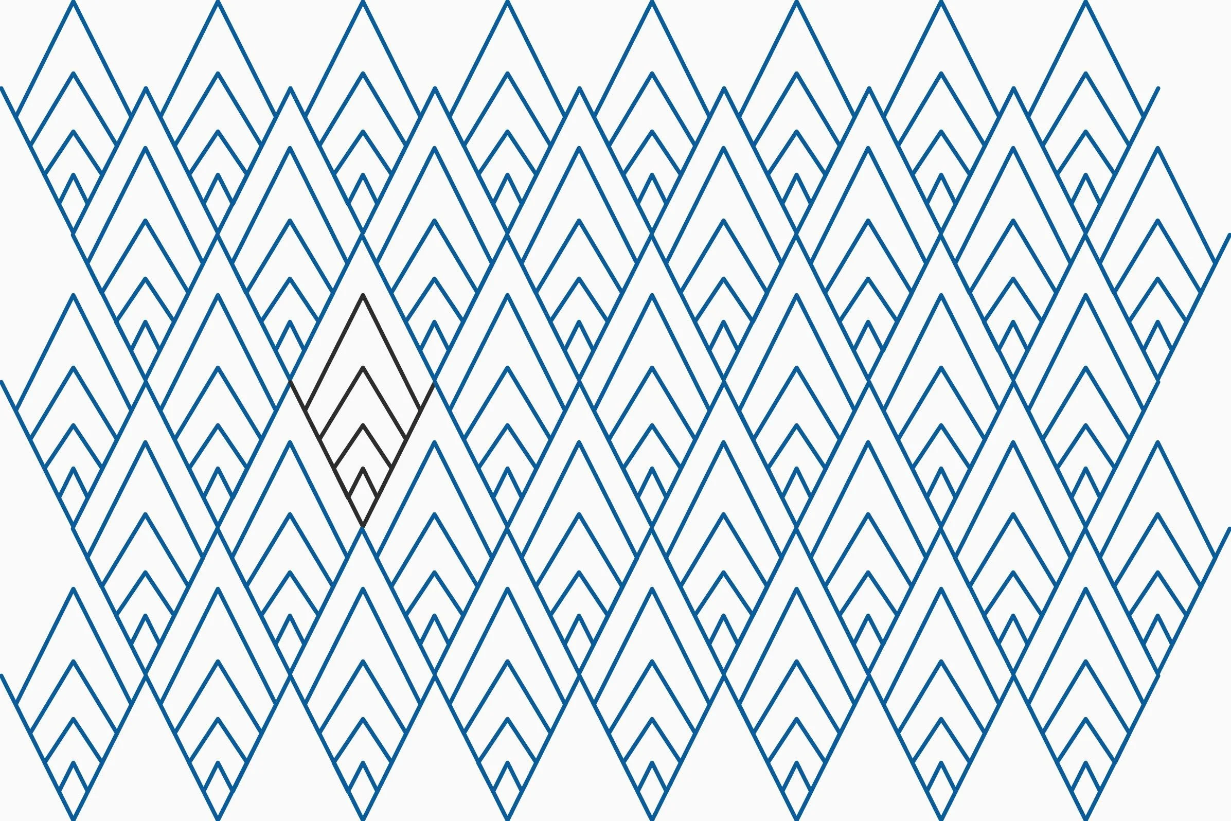 A pattern of interconnected blue and black geometric diamond shapes arranged in a repeating pattern on a white background, with one black diamond among the blue diamonds.