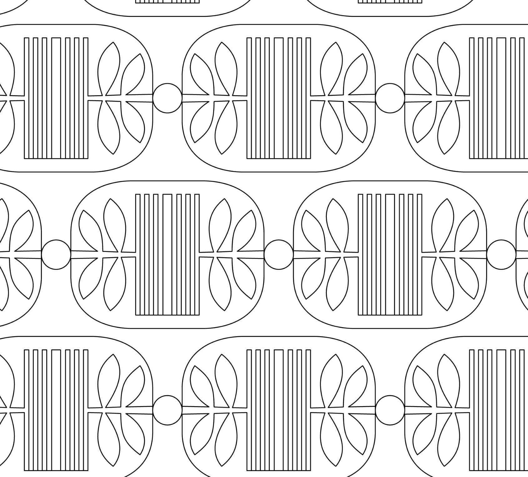 Pattern of connected circles, each with an abstract floral and striped design inside, in black and white.