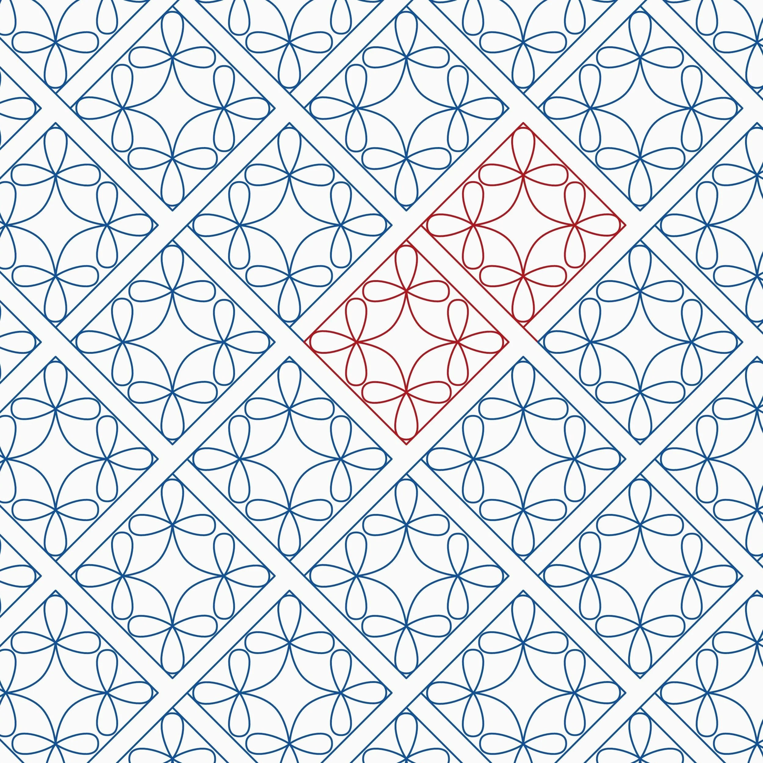 A geometric pattern of interconnected square tiles with a floral-like design, with one tile outlined in red among mostly blue tiles.