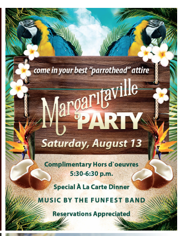 Tropical party invitation with parrots, palm leaves, and flowers, advertising a Margaritaville-themed event on Saturday, August 13, including complimentary hors d'oeuvres, dinner, and live band.