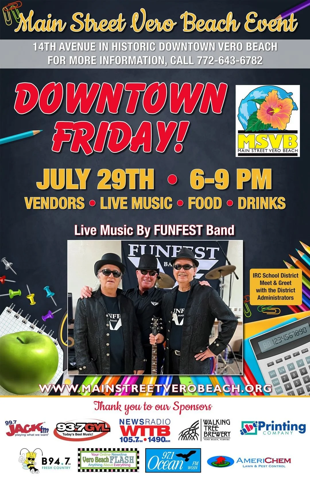 Poster for Main Street Vero Beach Event featuring Downtown Friday on July 29th from 6 to 9 PM with vendors, live music by FUNFEST Band, food, drinks, and a school district meet and greet, located at 14th Avenue in downtown Vero Beach.