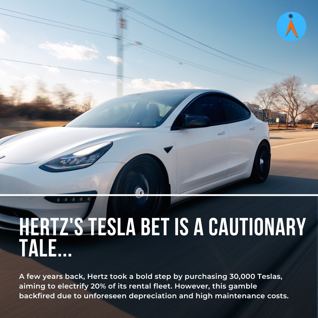 A few years back, Hertz bought 30,000 Teslas to electrify 20% of its rental fleet. 🚗⚡️ But this bold move backfired due to high depreciation and maintenance costs. Now, Hertz is offloading these EVs, which initially seemed like great deals, especial