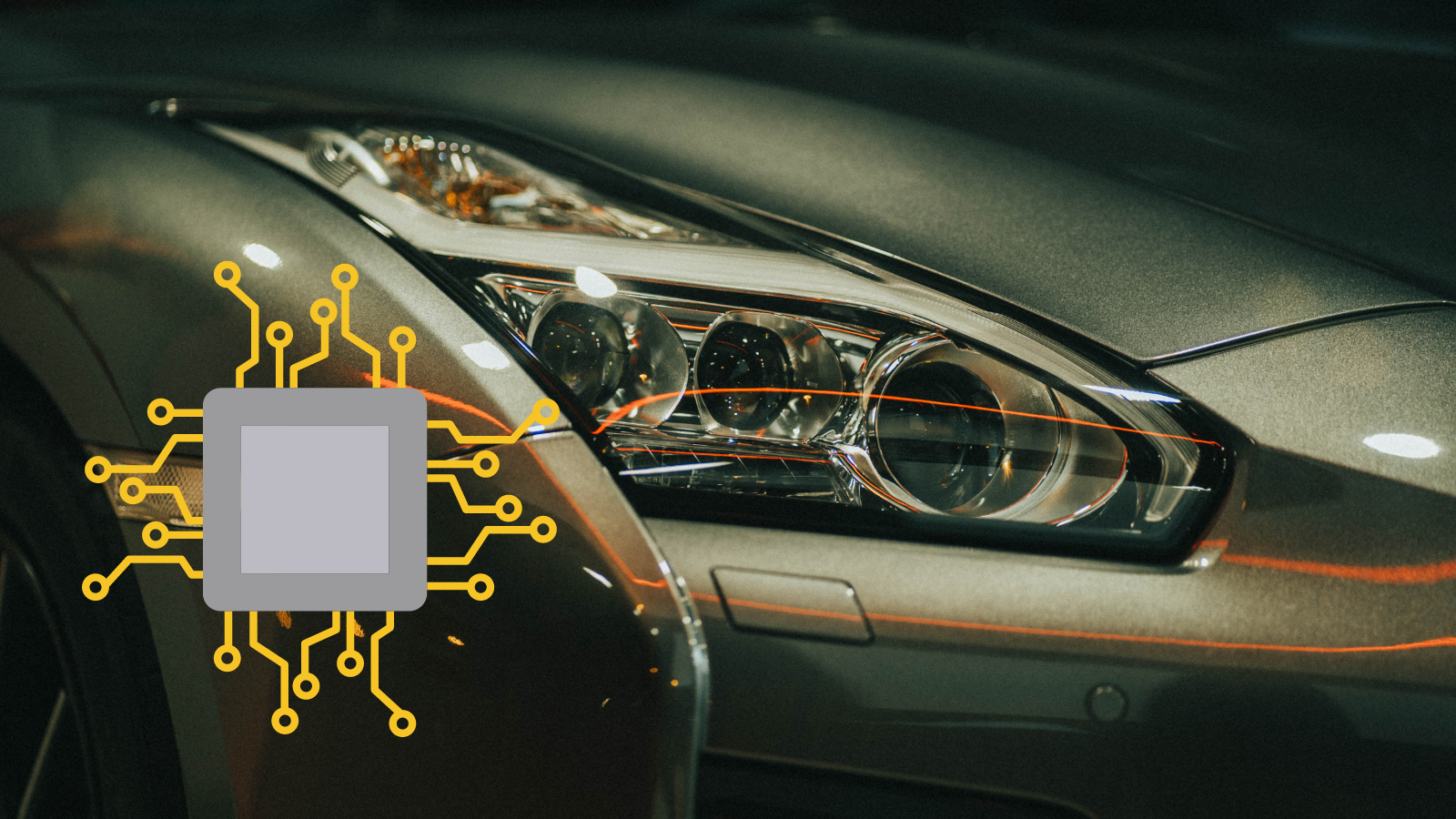 A Nissan headlight with a chip next to the light.