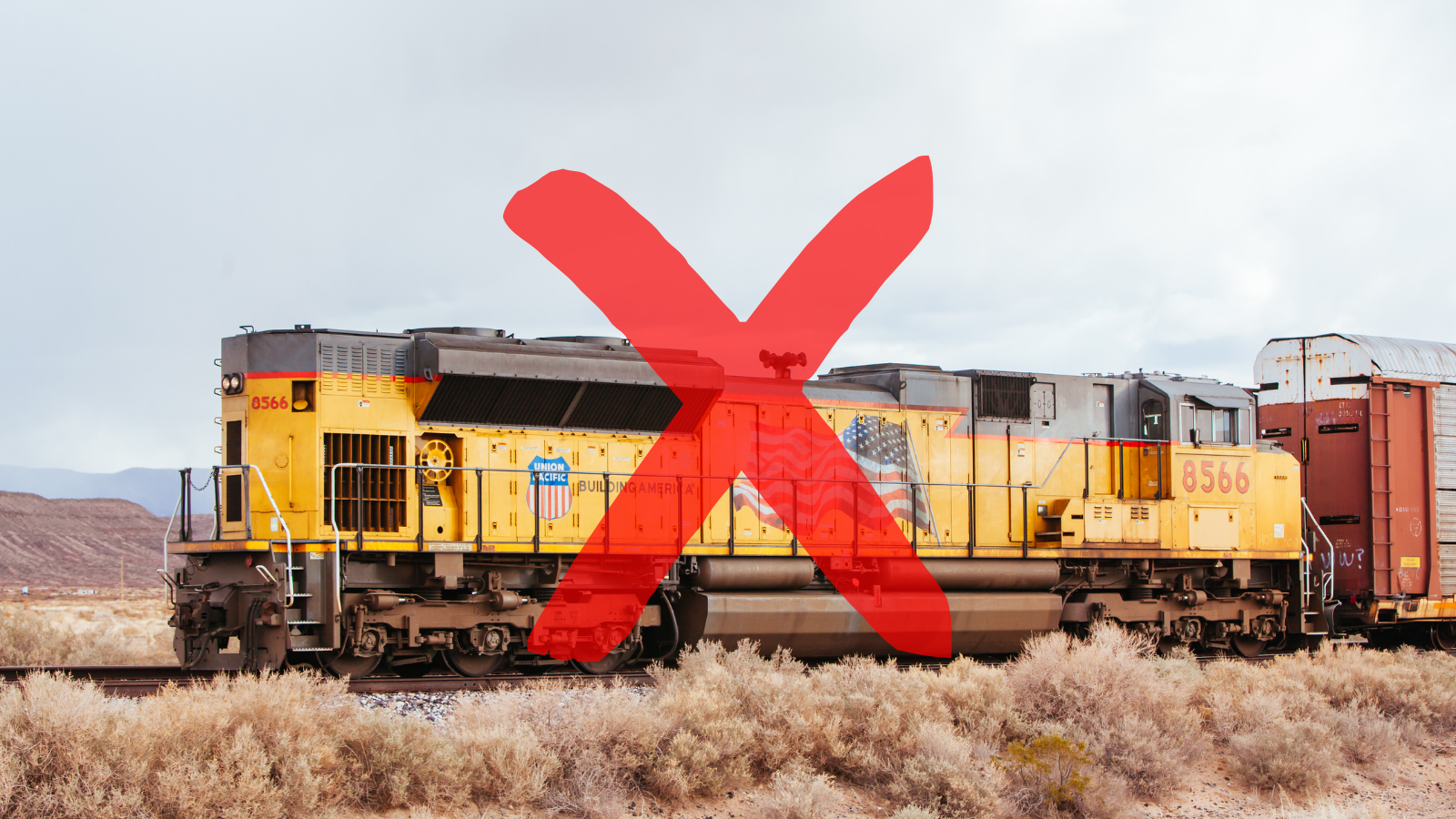 A UP Railroad train covered with a Red Cross overlaid.