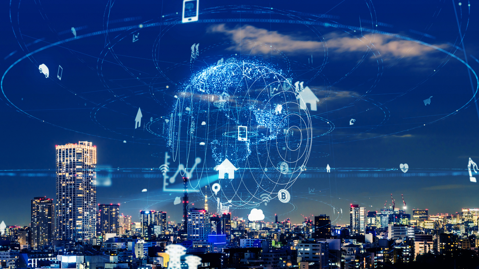 A city skyline with graphics depicting satellite communications.