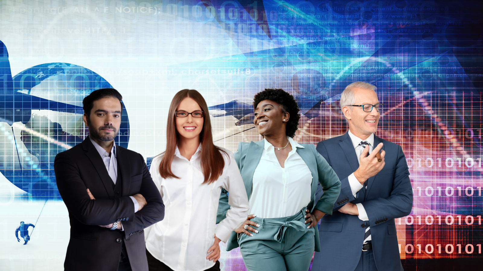 Four people, two women and two men, stand in front of an image representing the supply chain.