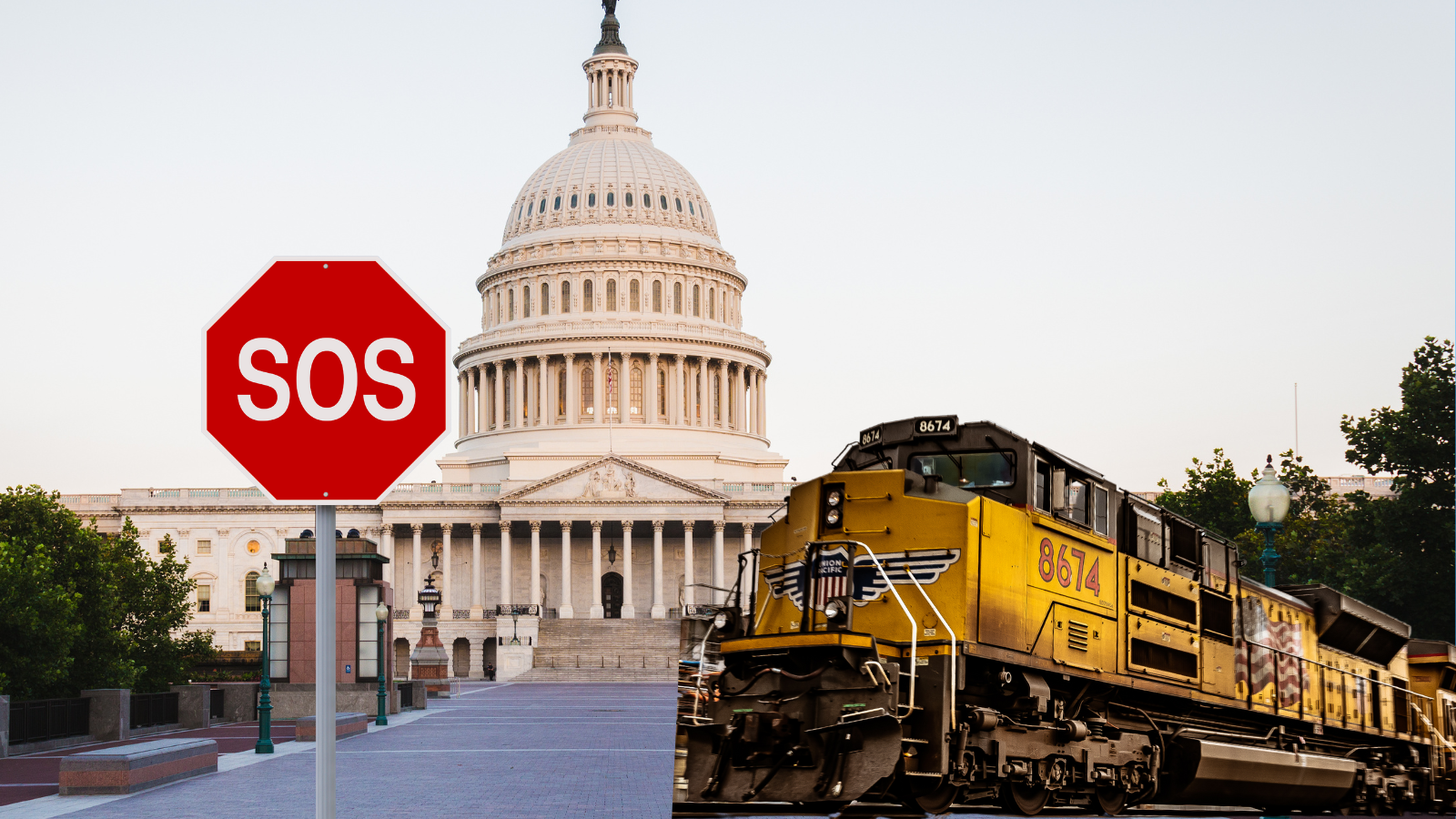 The United States Congress Building with a stop sign reading, "SOS" in front of it and a UP train.