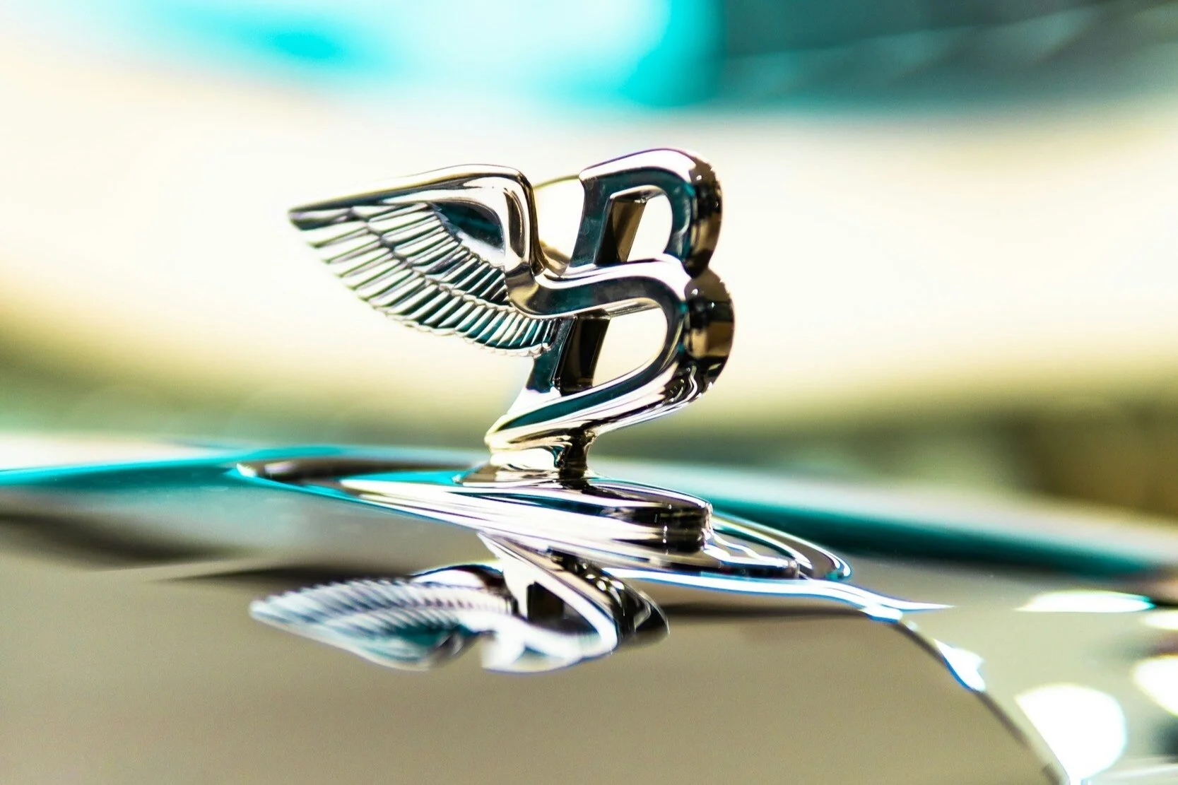 A Bentley emblem on the hood of a car.