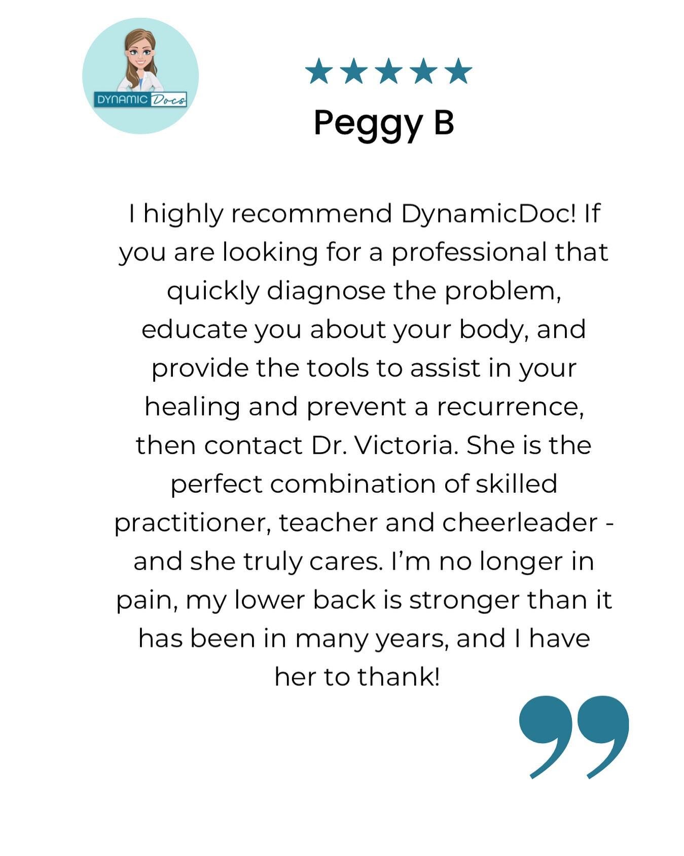 🤩🤩🤩🤩🤩

Peggy, we are so happy you had a wonderful experience and are pain free! Thank you for entrusting us with your injury. 🙏

Have you enjoyed your experience with Dr. Victoria Wirtz @dynamicdocs? We would be so grateful for a google review!