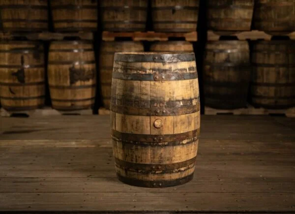 whiskey barrel bar setup for outdoor wedding in DuPage County