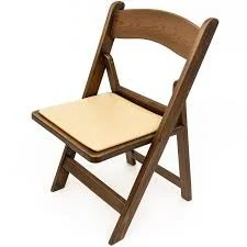 Fruitwood folding chair with tan padded seat rental for weddings in Chicagoland