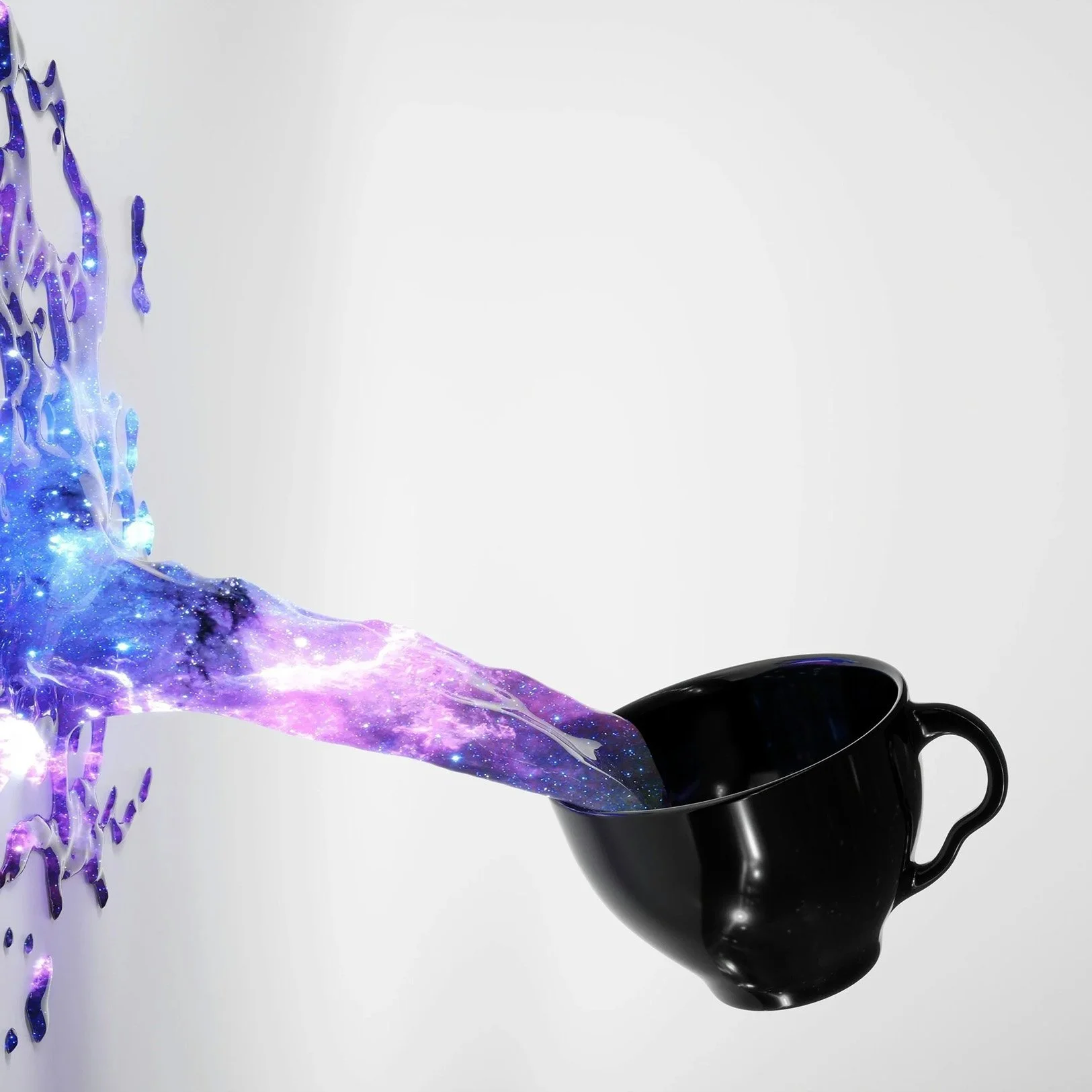 A coffee cup with spilled colorful 3D liquid