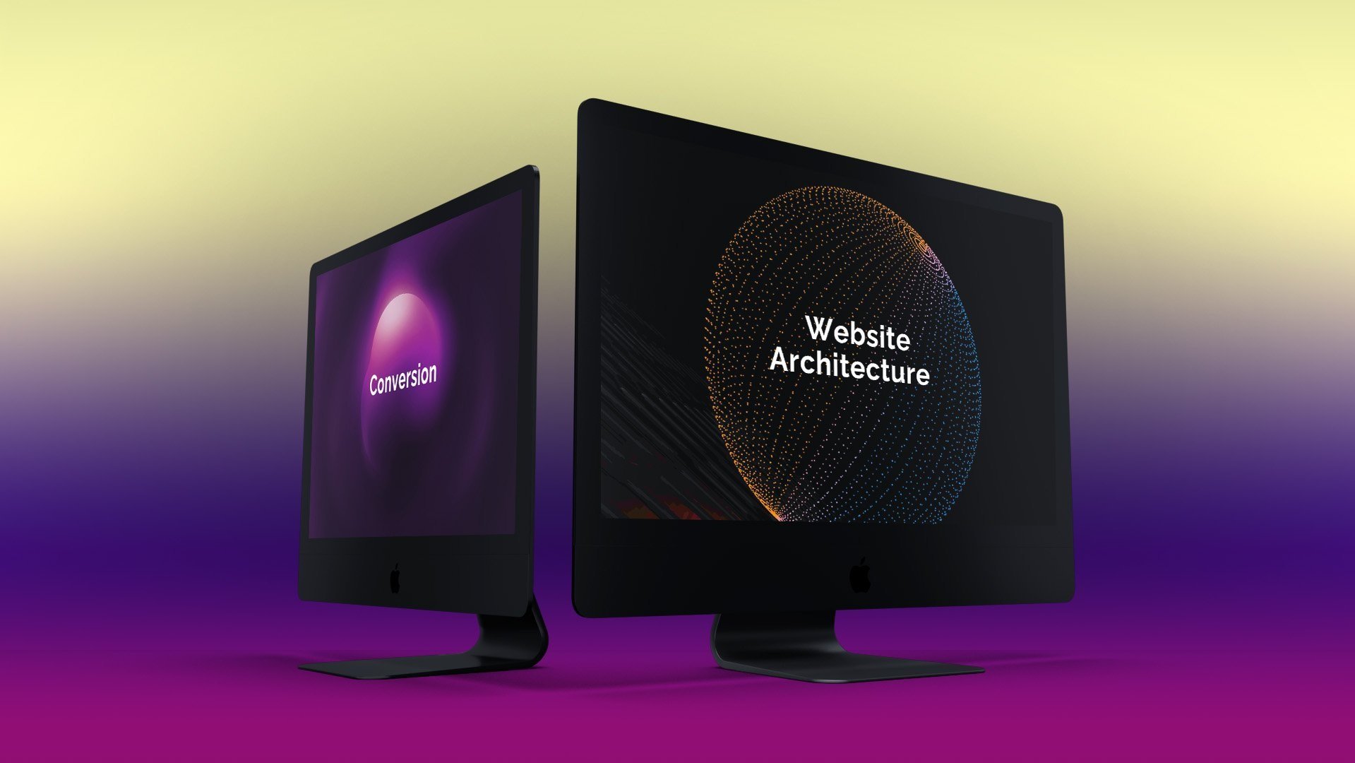 Two desktop screens on a colorful background, a words on each screen: 1. Conversio, 2.Website Architecture