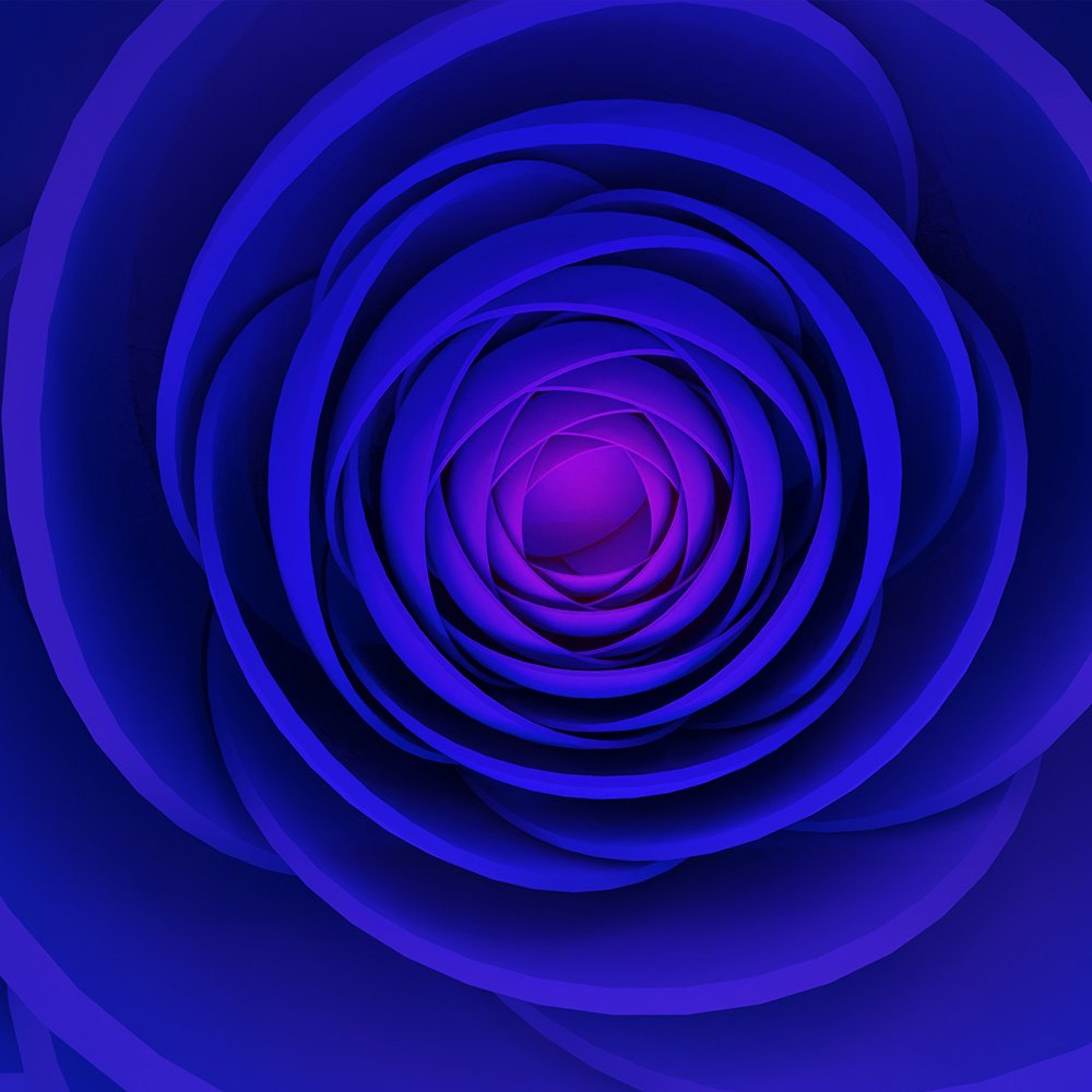 A 3D abstract shape opening  the center layers, in magenta and purple. colors