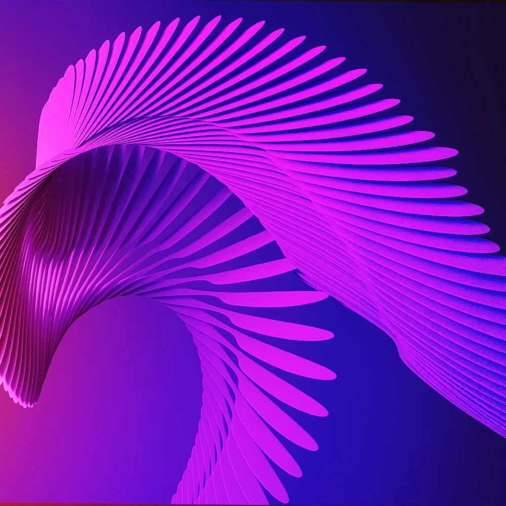 Abstract 3D spiral structure with purple and pink colors on a dark blue background.