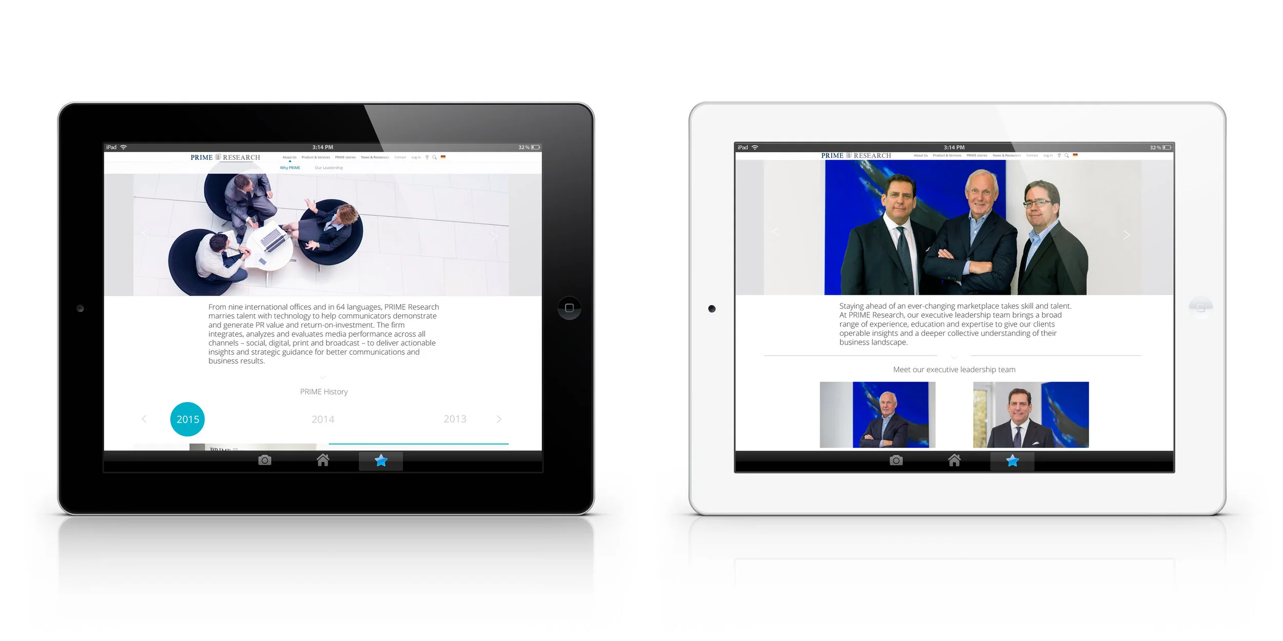 Tablet view of the Prime Research website pages