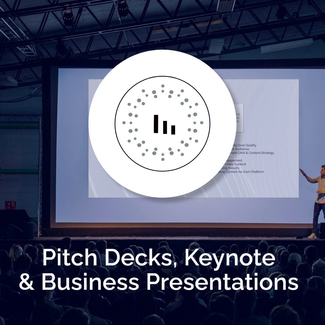 A presentation at a conference with a large screen displaying a slide. Overlaid on the image is a circular logo with dots around the edge and a bar graph inside. Text at the bottom reads 'Pitch Decks, Keynote & Business Presentations'.