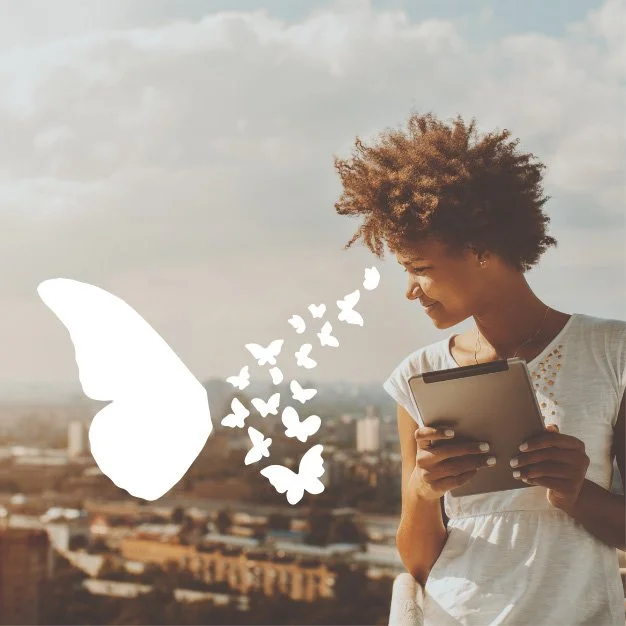 young woman standing with a buttery logo