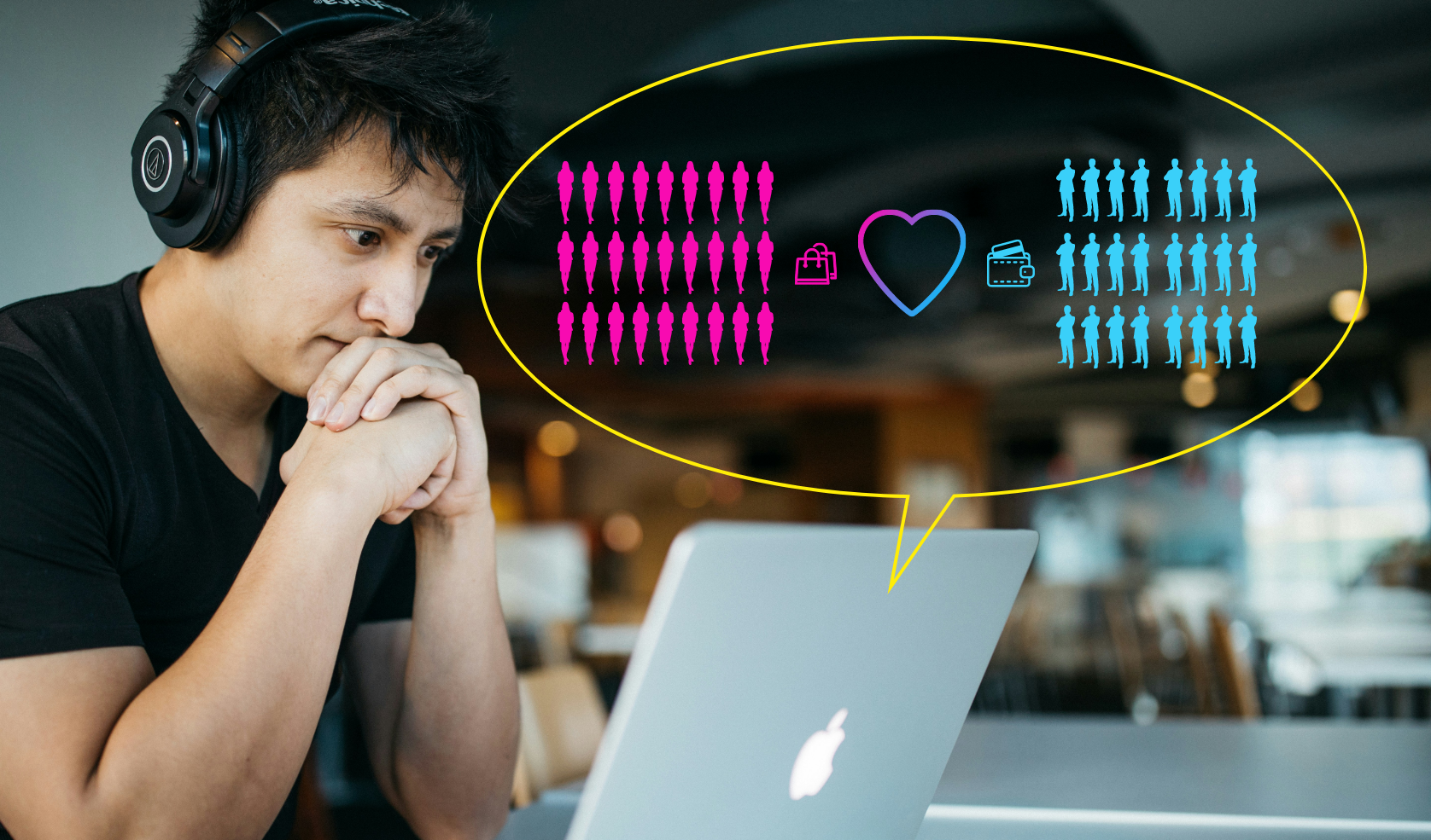 Young man wearing headphones, looking at a laptop with a digital infographic in a speech bubble showing pink and blue figures, a heart, a briefcase, and wallet icons.