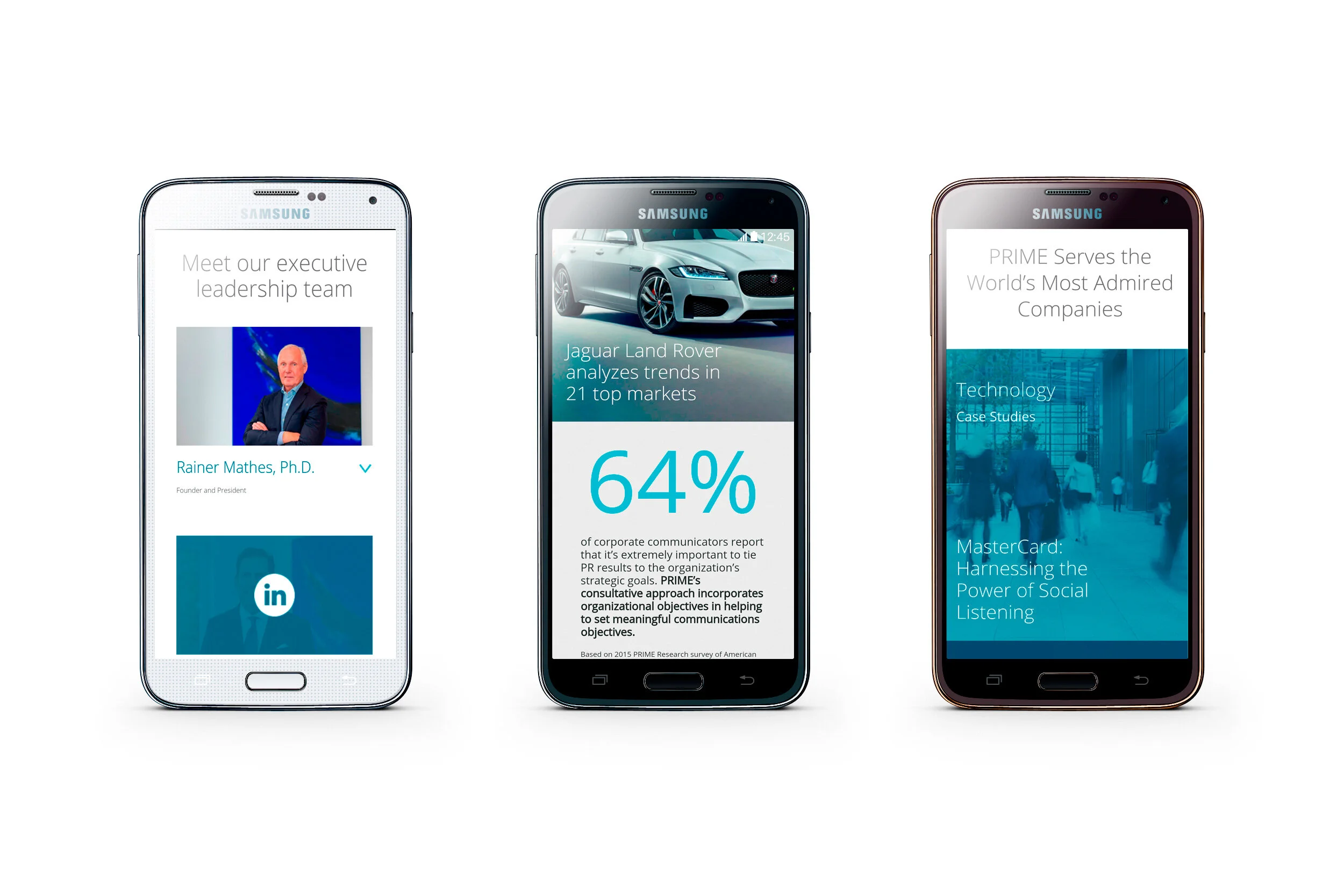 Mobile view of the Prime Research website mulltiple pages