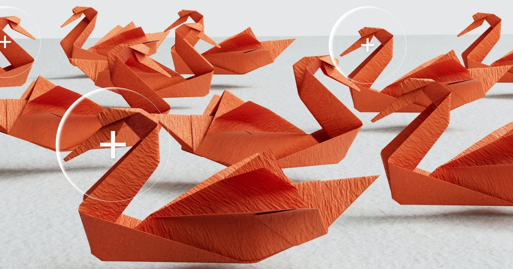A group of orange paper swans, with target symbol on some of them - to indicate the targeted audience. Image Credit: Nigel Hoare, Illustration: Noop Innovations