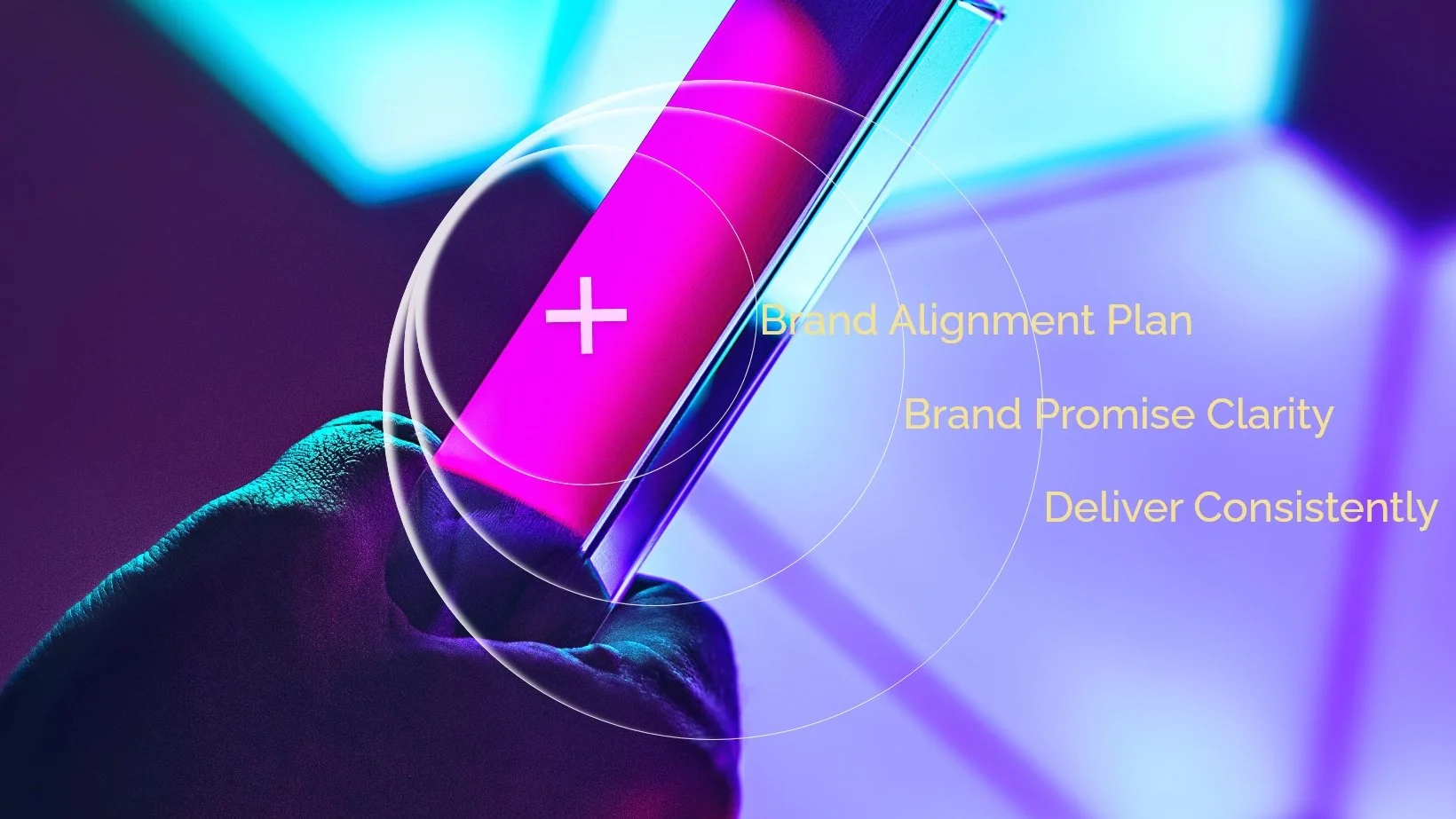 The image shows a hand holding a device, symbolizing brand alignment strategies. The text emphasizes "Brand Alignment," "Plan," "Brand Promise Clarity," and "Deliver Consistently." It underscores the need for cohesive branding efforts and a system.