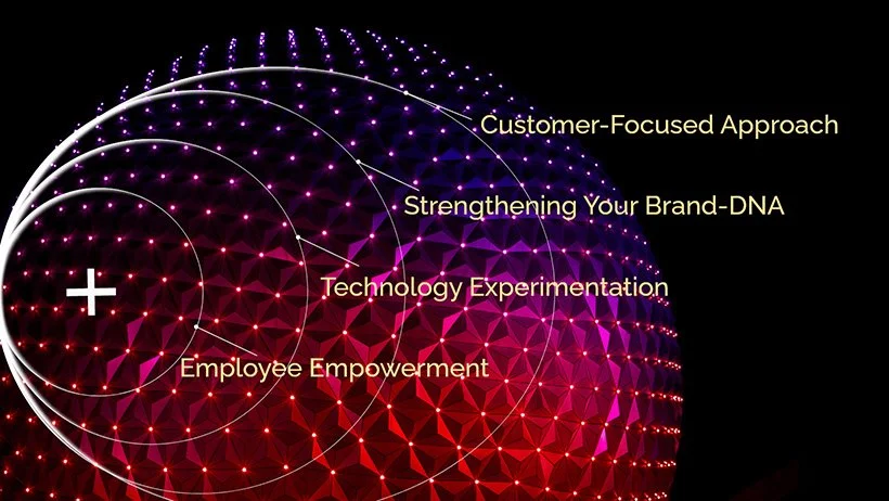 A colorful sphere with dots and lines with target symbol and circlers gradually growing – per each circle- first is Employee Empowerment, Technology Experimentation, Strengthening Your Brand-DNA, Customer-Focused Approach. These are key elements that