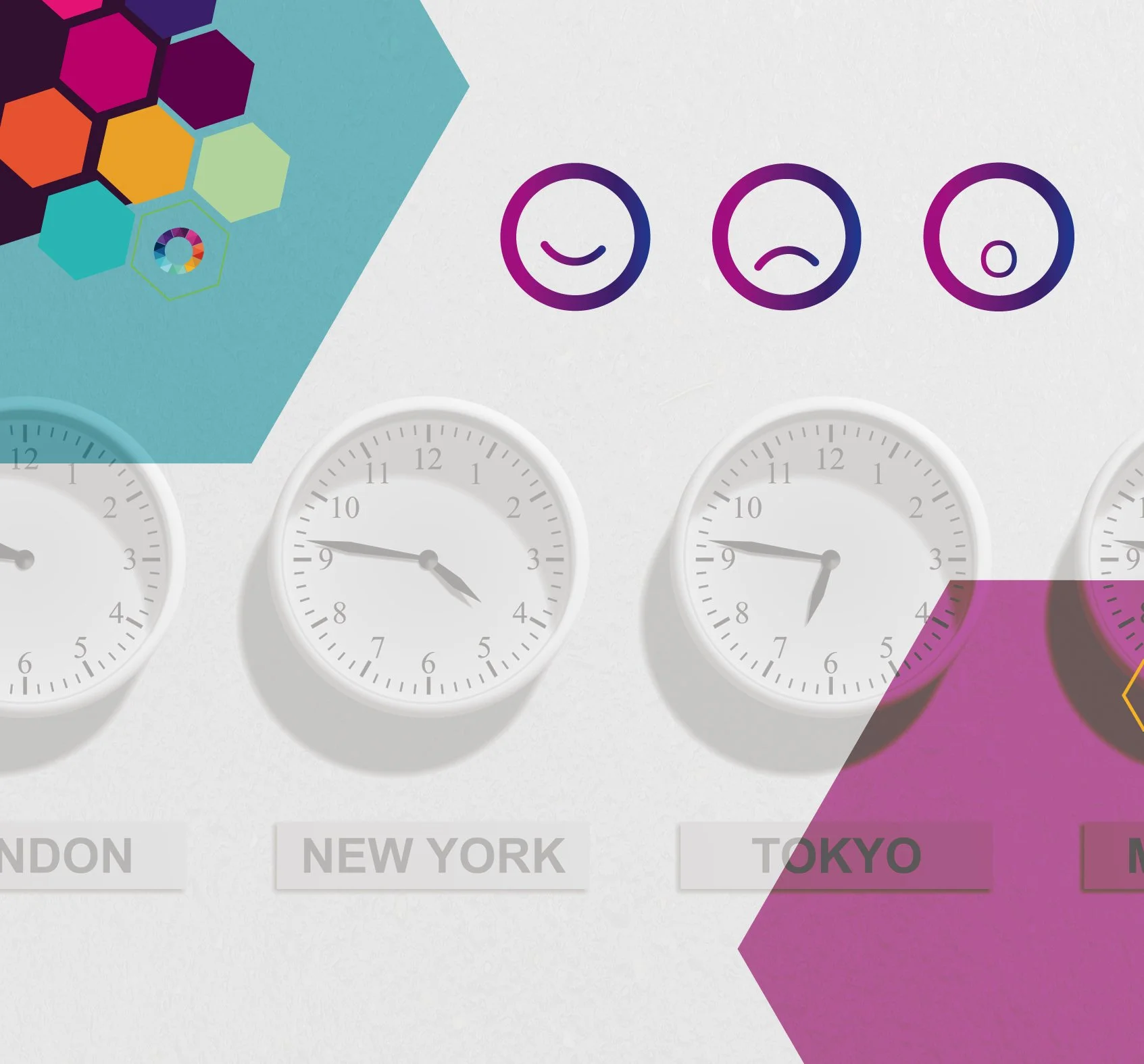 Icon that includes images of world clocks , and icons of happy, sad and in-owe.