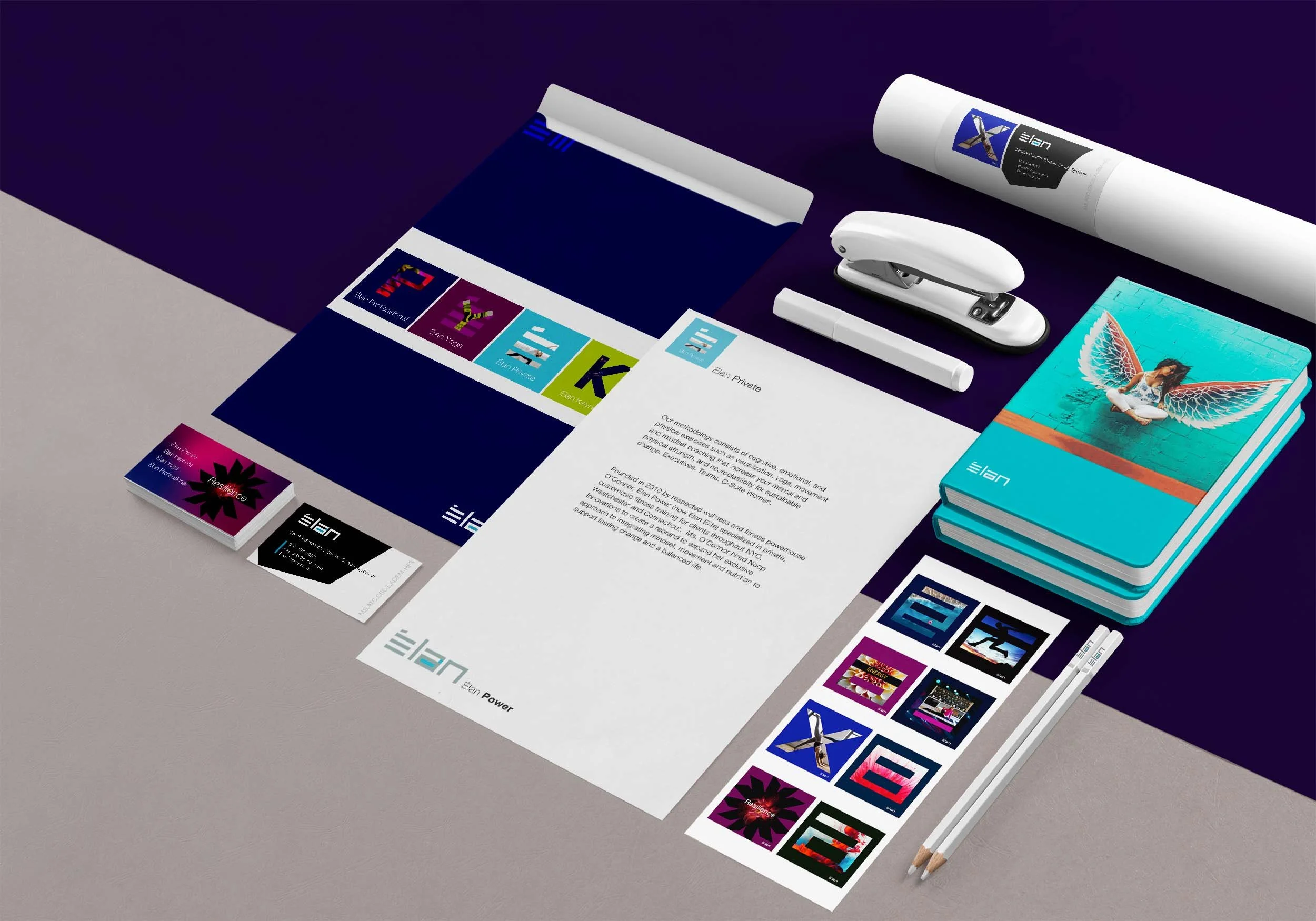 The elan brand identity, includes business cards, stationary, product stickers, envelop .