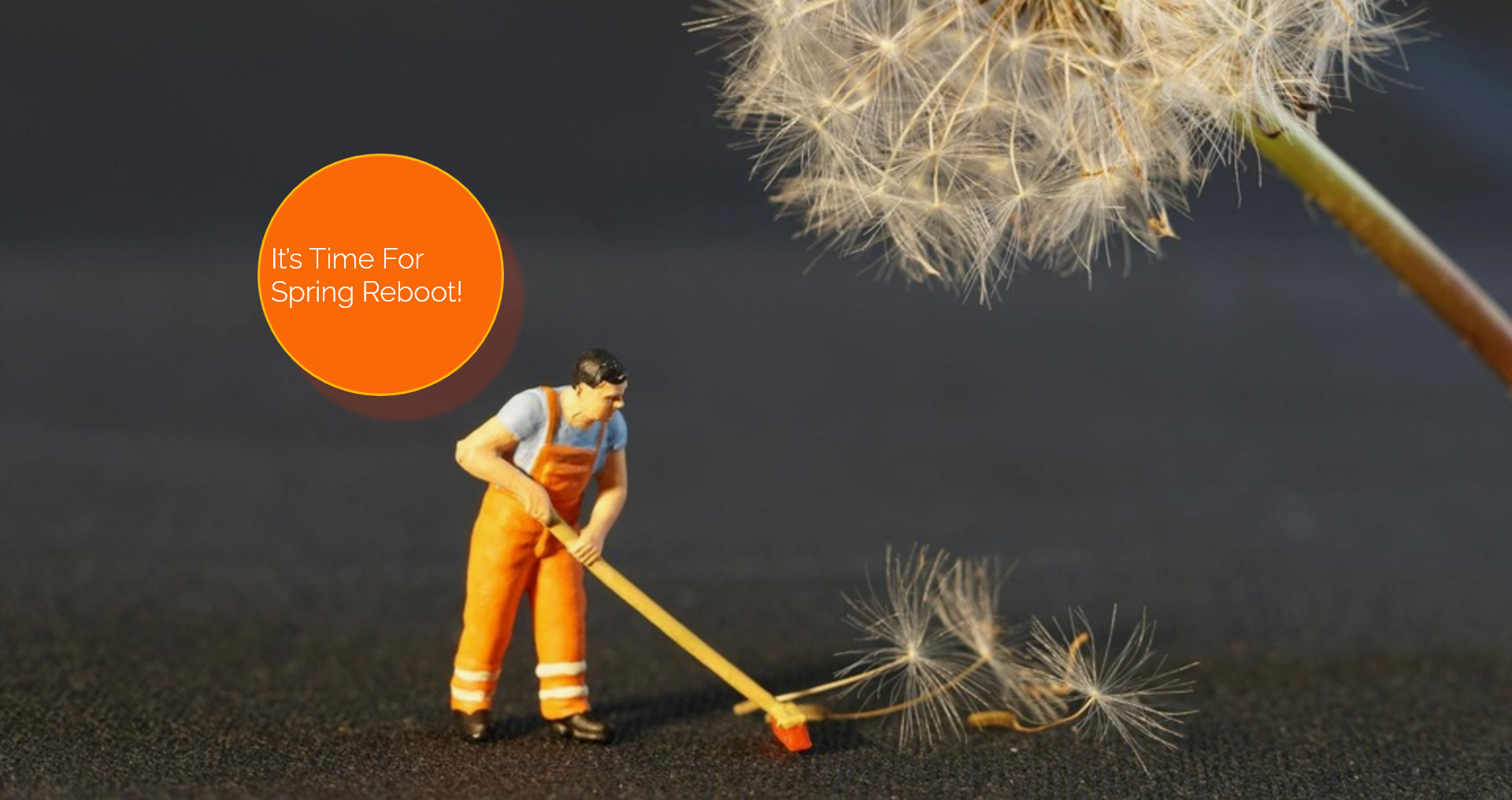 A man figurine sweeping the floor. Title: its time for spring cleaning.