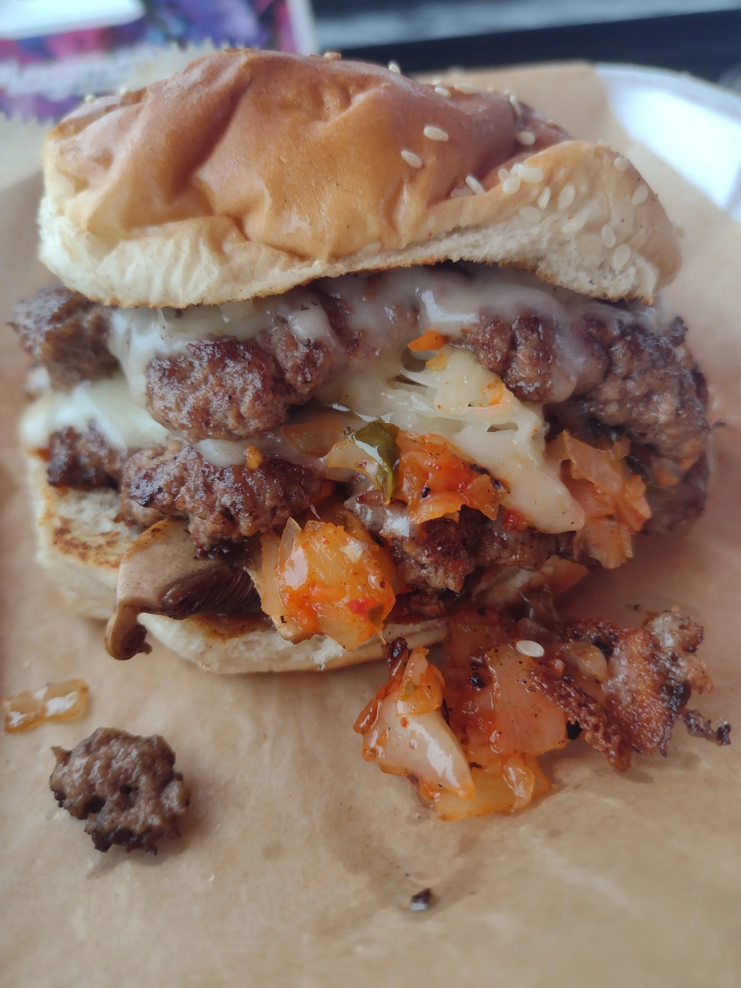 Mama Bear Burgers - Panda Bear Burger: smash patty with kimchi, smoked pepper jack cheese, sautee'd mushrooms, and homemade Sweet Panda sauce