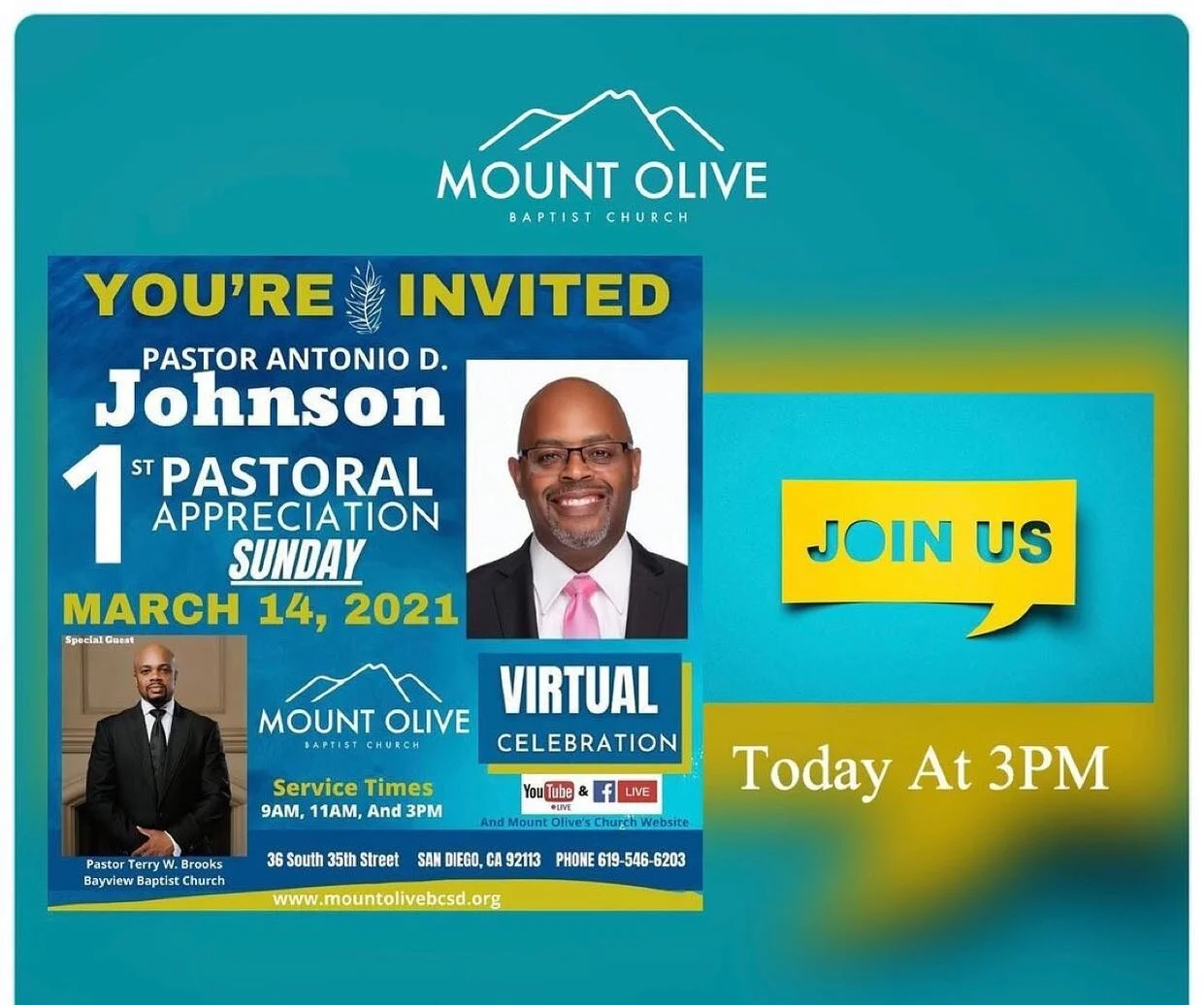 Repost from @mobcsandiego
&bull;
Join us for our final 1Year Pastoral Anniversary service of the day! Happening at 3pm! Special guest speaker, Pastor @twaynebrooks of the Bayview Church! #mountolivebcsd #1yearpastoralanniversary #pastortonyjohnson