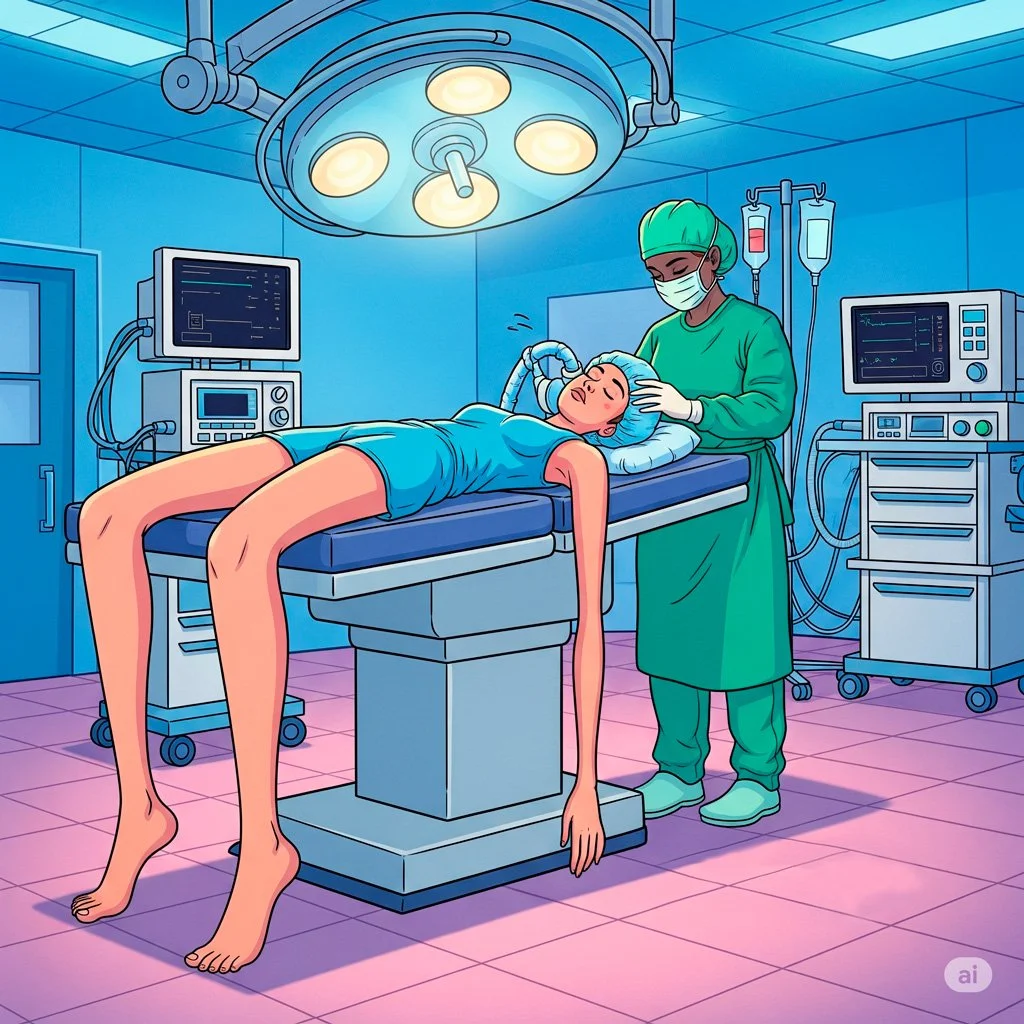 a hypermobile young woman lies on an operating table, her cartoonishly long limbs danglin over the sides of the bed
