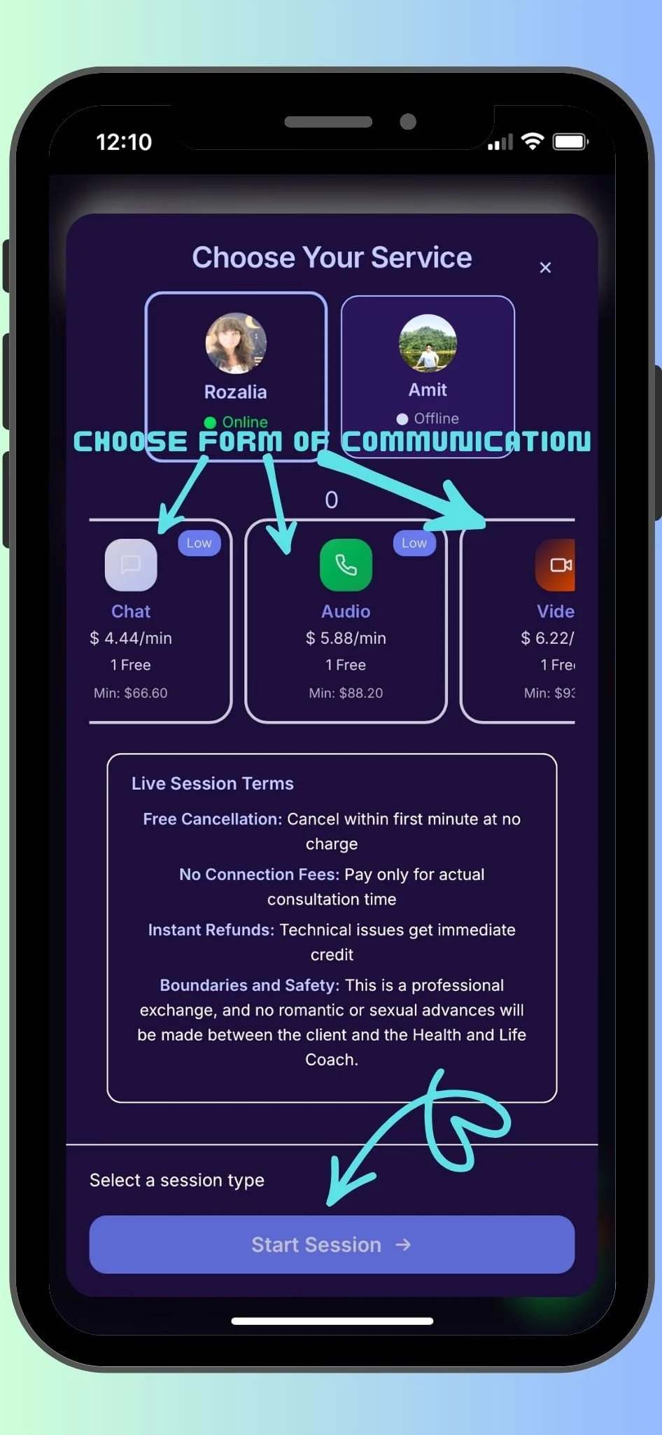 A smartphone screen displaying an app interface to choose a communication service with options for chat, audio, and video calls, showing selected user profiles and session terms, and a button labeled 'Start Session'.