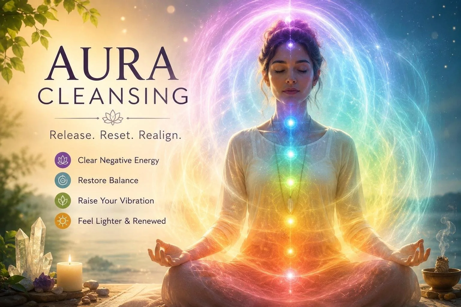 Aura cleansing ritual with crystals, meditation, and spiritual healing elements representing psychic therapy, intuitive readings, and energy cleansing practices
